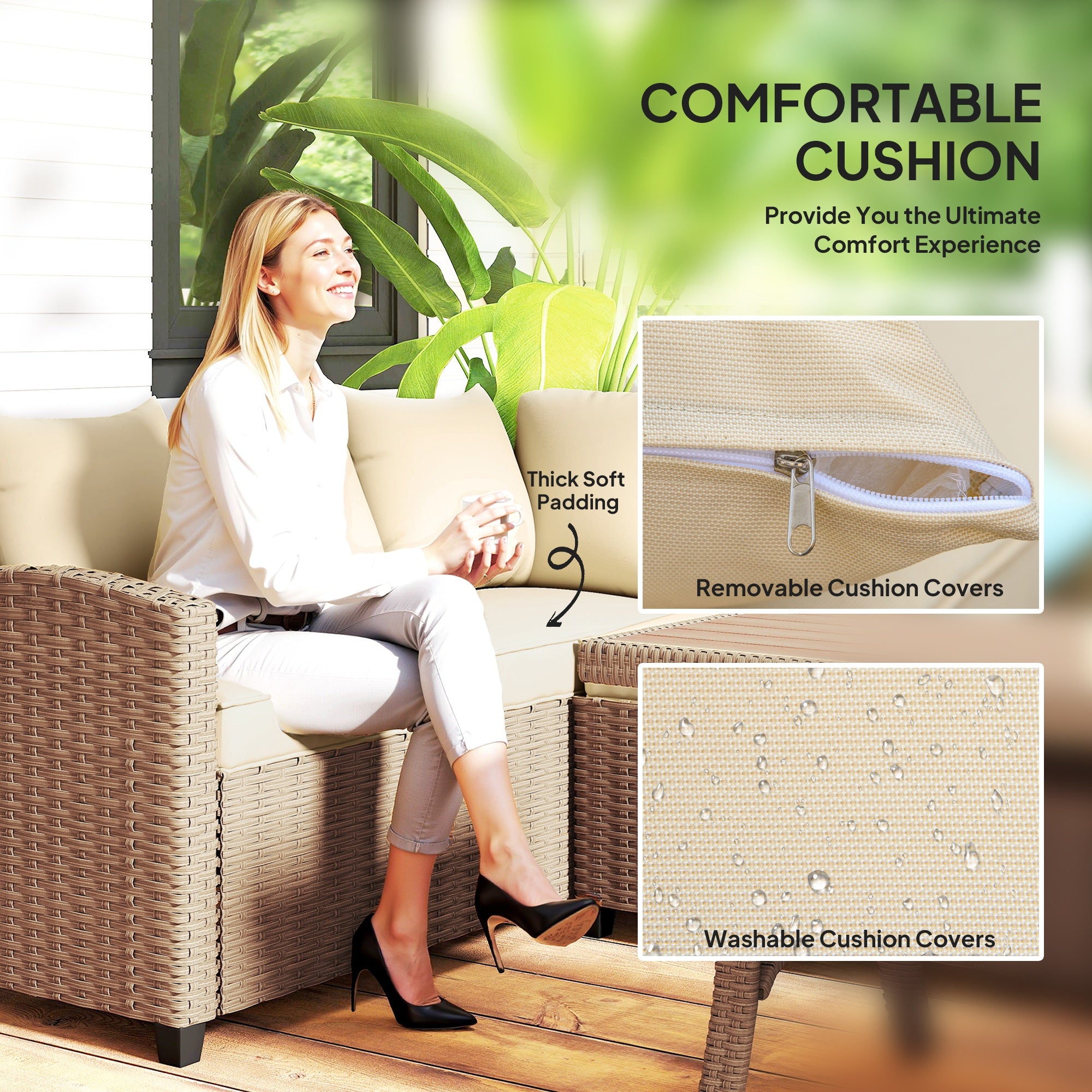 6pc Rattan Patio Furniture Set - Khaki Cushions-DECOROLALA