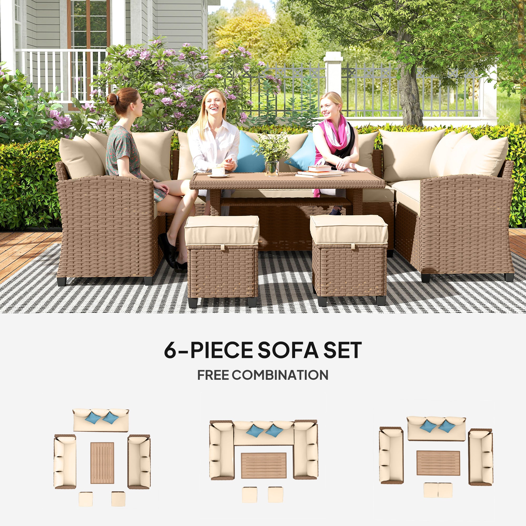 6pc Rattan Patio Furniture Set - Khaki Cushions-DECOROLALA