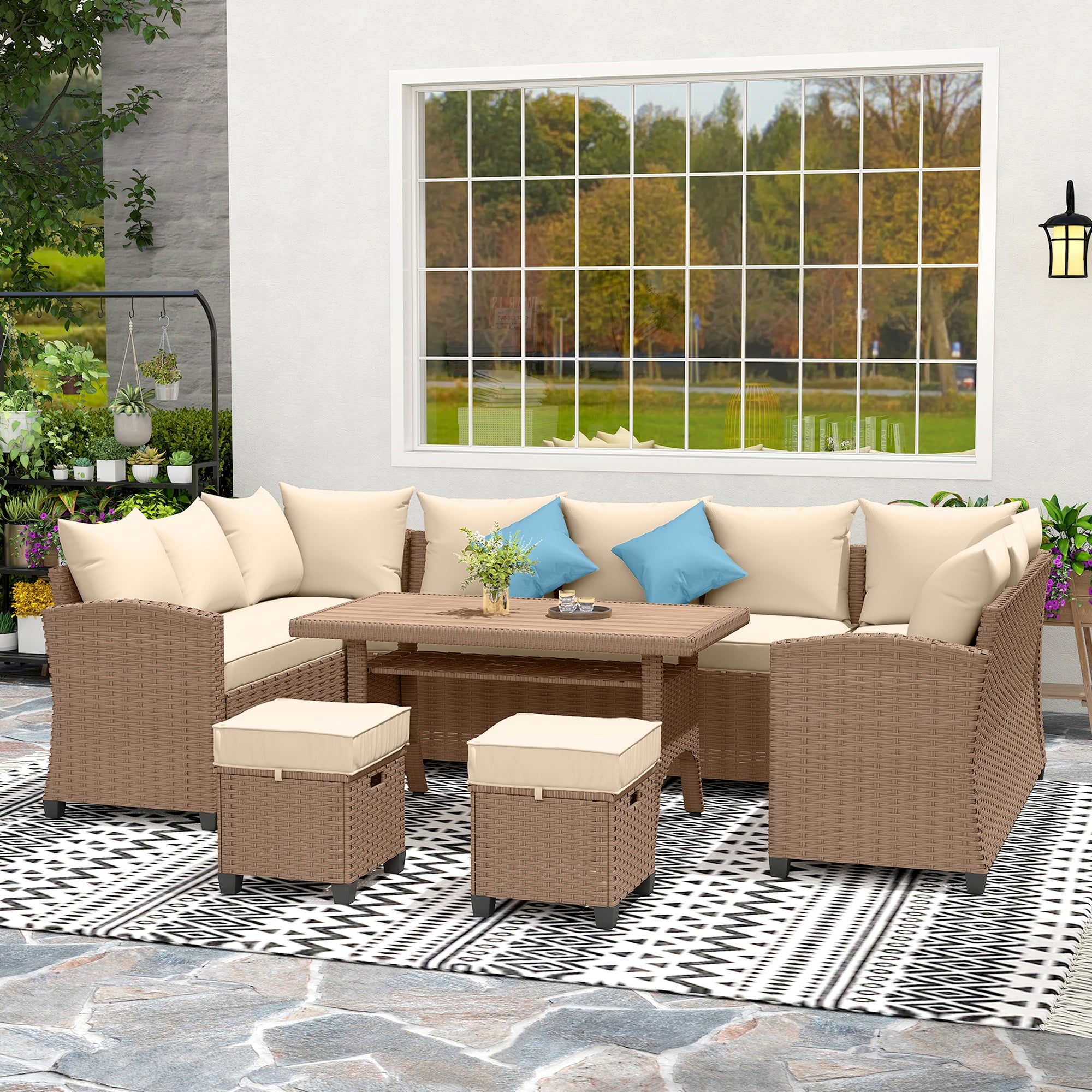 6pc Rattan Patio Furniture Set - Khaki Cushions-DECOROLALA