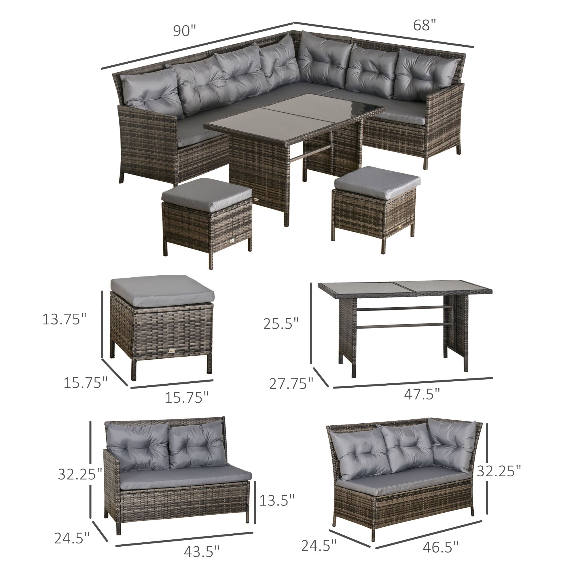 6pc Rattan Sectional Sofa Set - Dark Grey Wicker-DECOROLALA