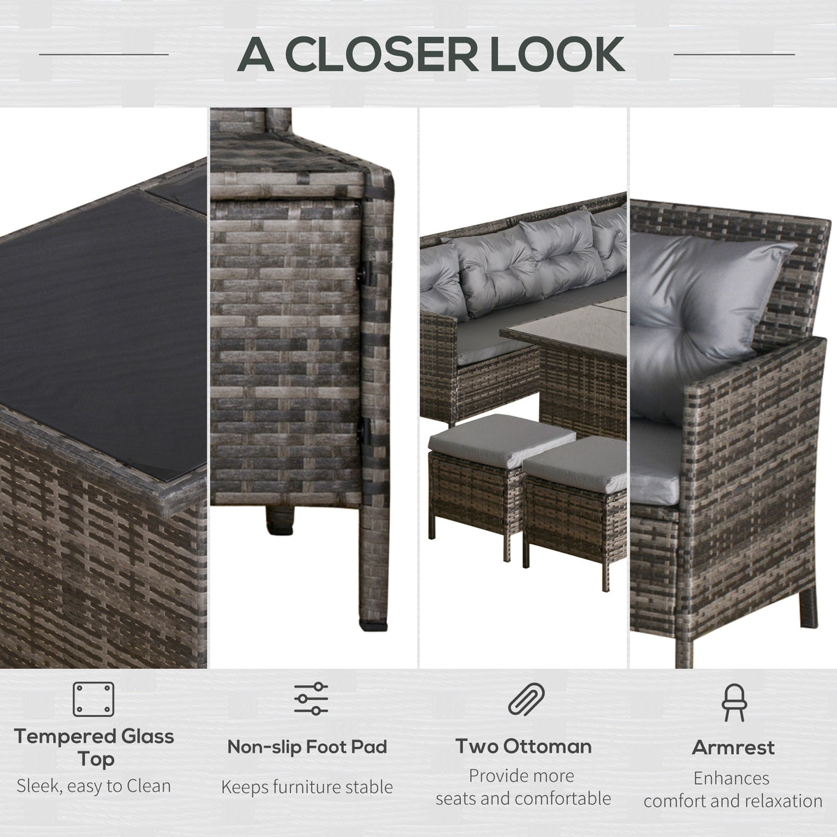 6pc Rattan Sectional Sofa Set - Dark Grey Wicker-Patio Conversation Sets-DECOROLALA