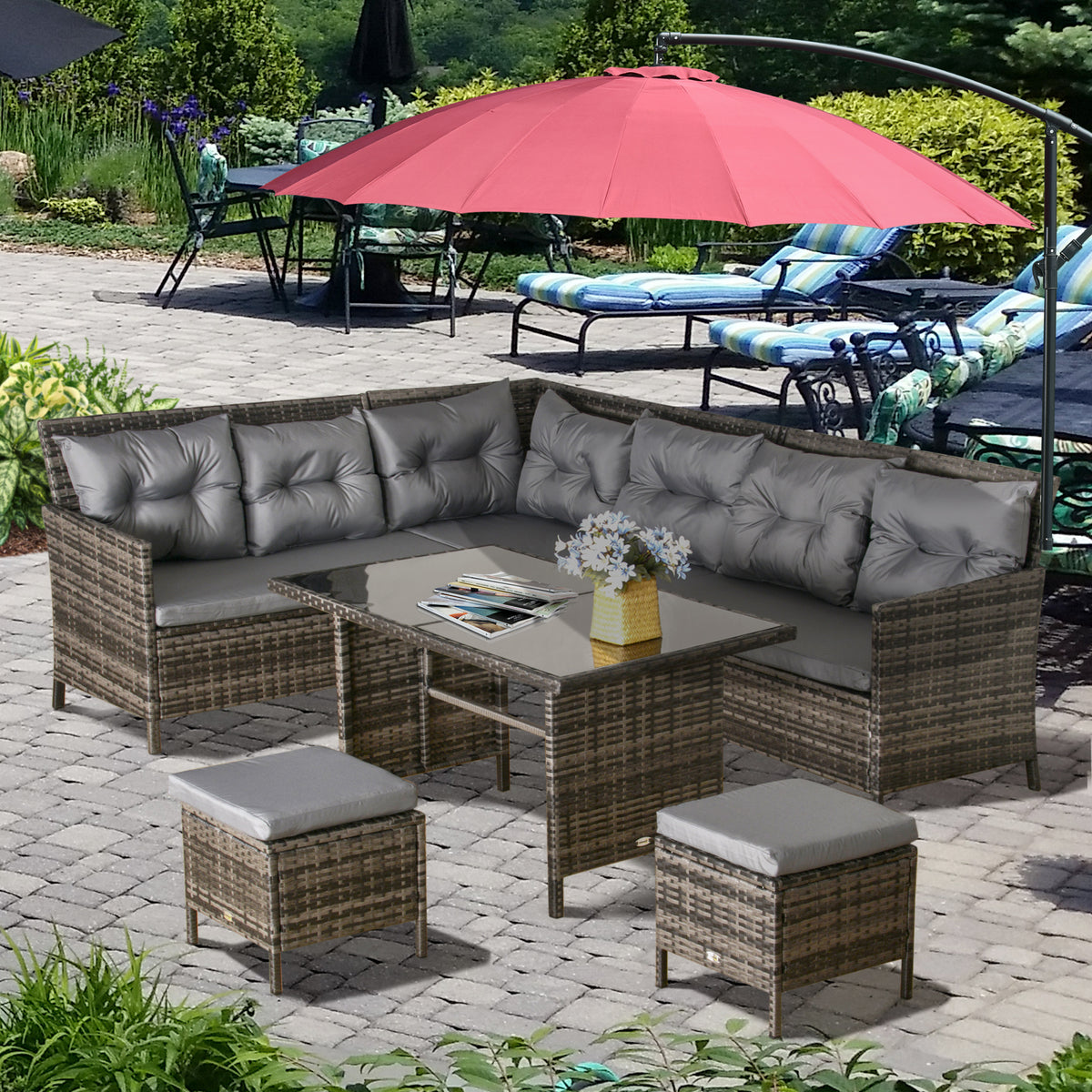 6pc Rattan Sectional Sofa Set - Dark Grey Wicker-Patio Conversation Sets-DECOROLALA