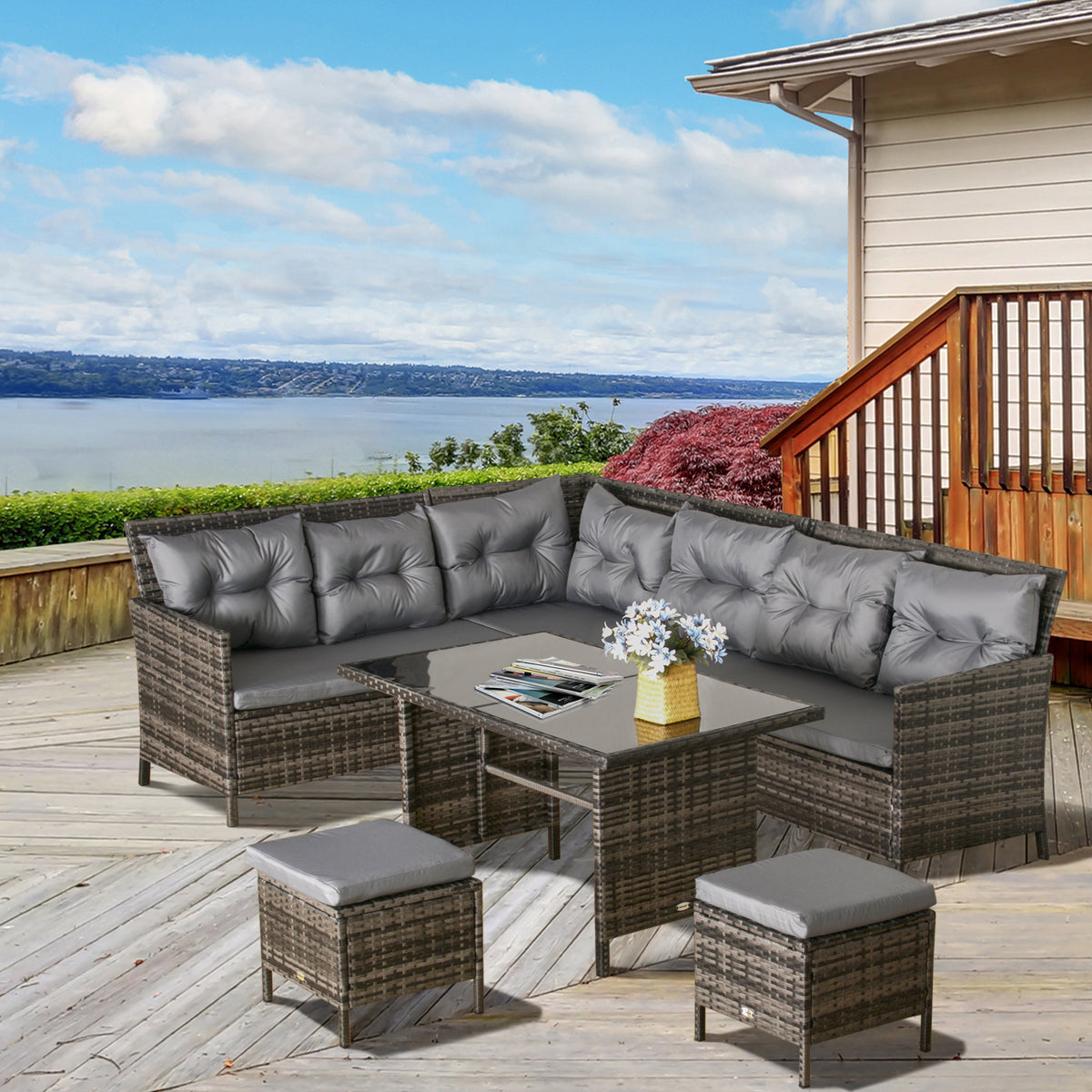 6pc Rattan Sectional Sofa Set - Dark Grey Wicker-Patio Conversation Sets-DECOROLALA