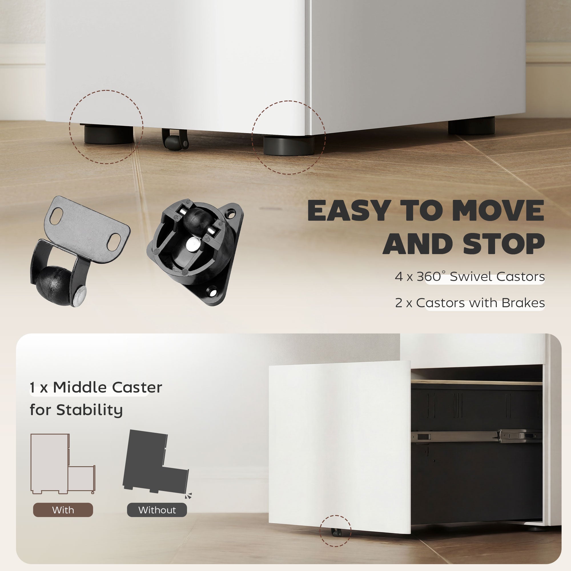 3-Drawer Steel Filing Cabinet with Lock and Wheels - White