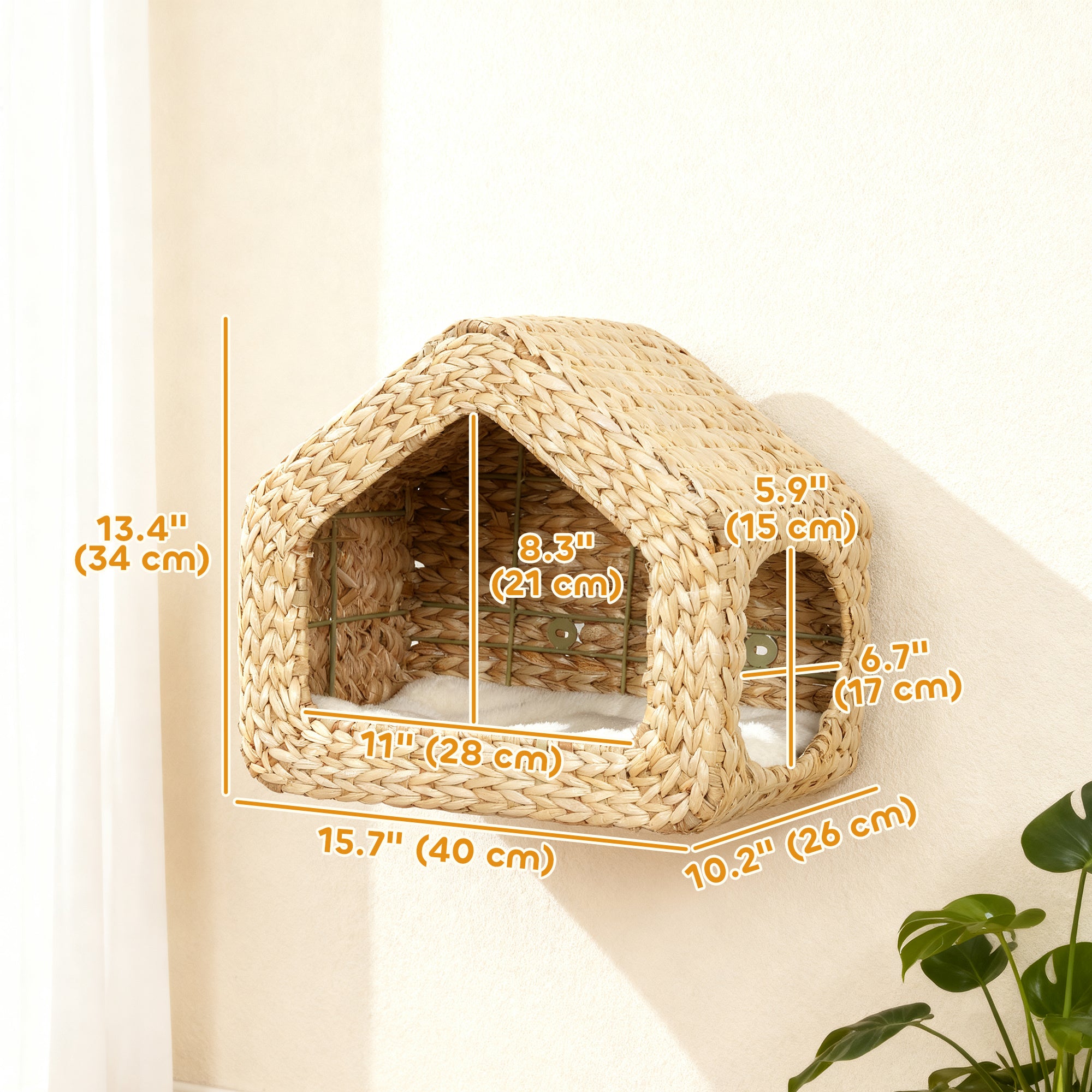 Cat Wall Shelf, Wall Mounted Cat House with Washable Cushion, Kitty Shelf Furniture for Indoor Kittens, Natural
