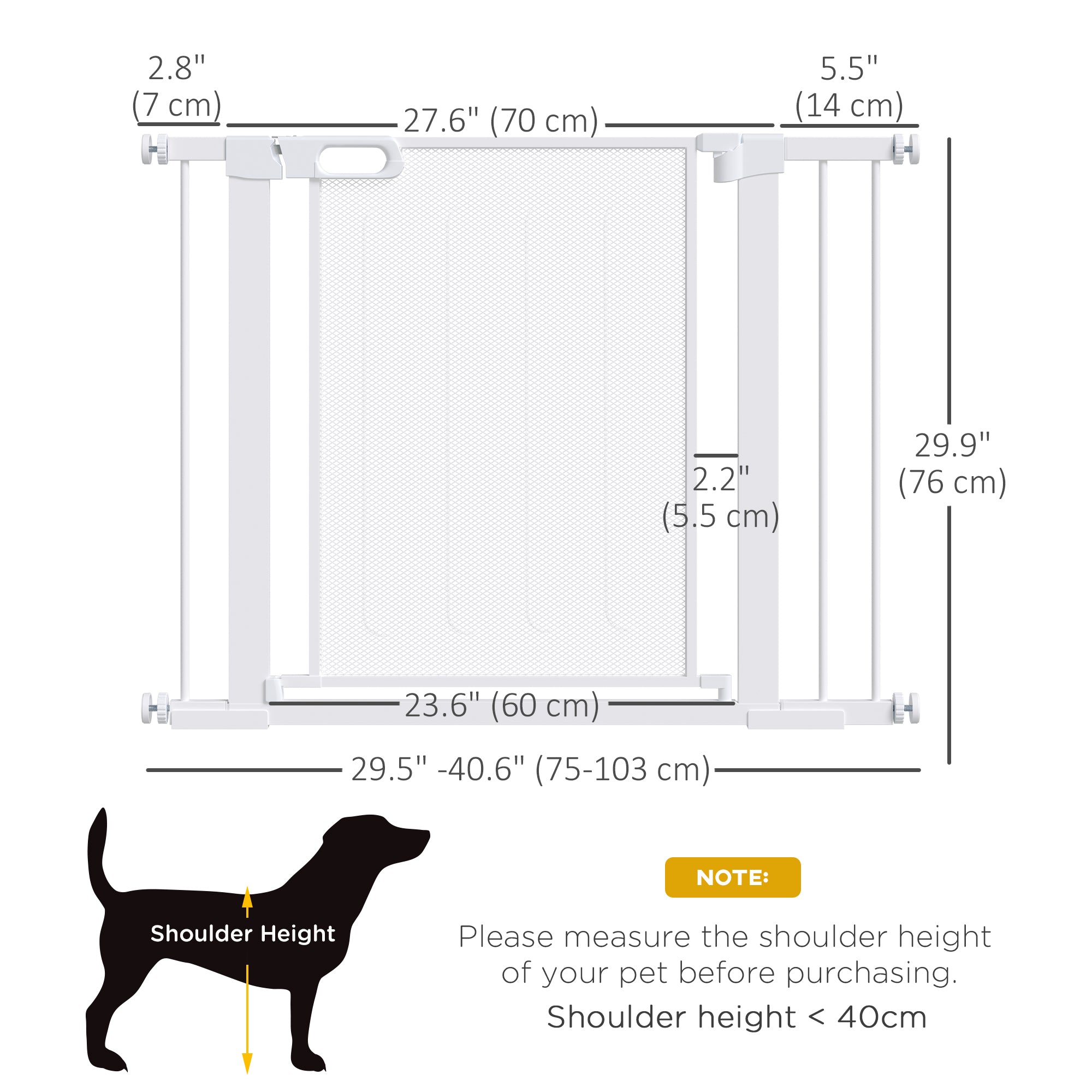 Barrière métallique pour animaux de 29.5"-40.6", barrière pour chiens avec porte à fermeture automatique, double verrouillage, pour embrasures de portes, escaliers et couloirs, blanche