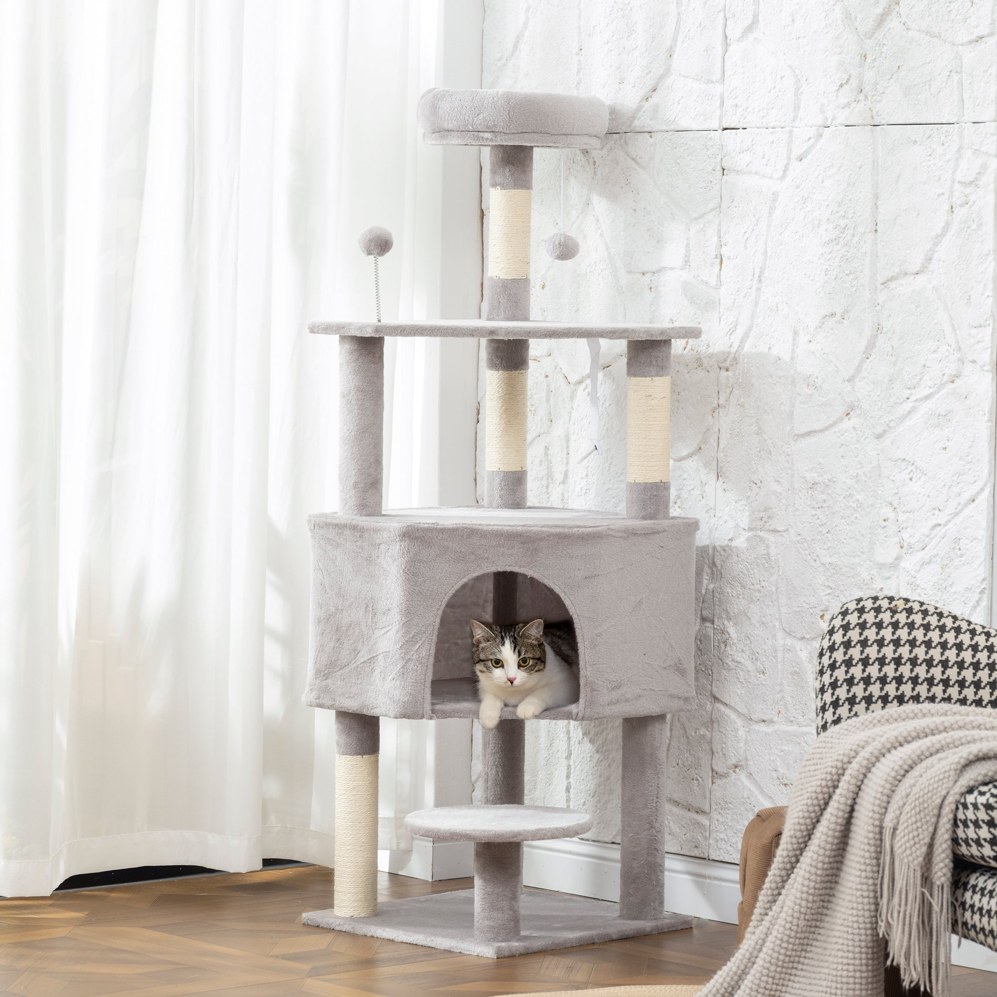 54 Inch Cat Tree with Large Condo, Top Perch, Sisal Scratching Posts, Dangling Toy Ball,Light Grey
