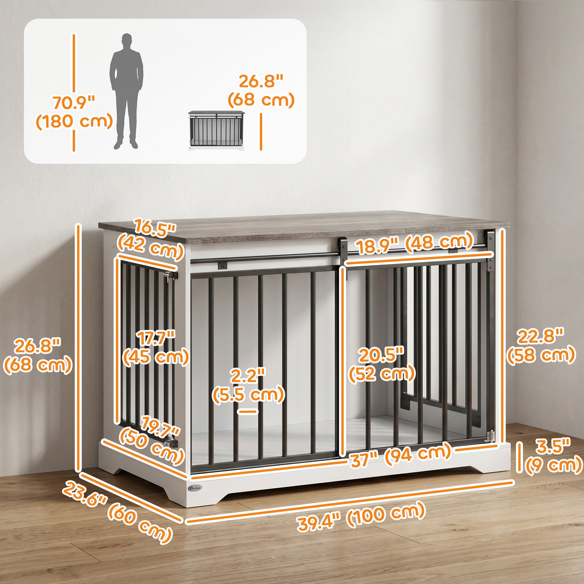 100 cm Dog Crate Furniture with Sliding Barn Door for Large Breeds, White