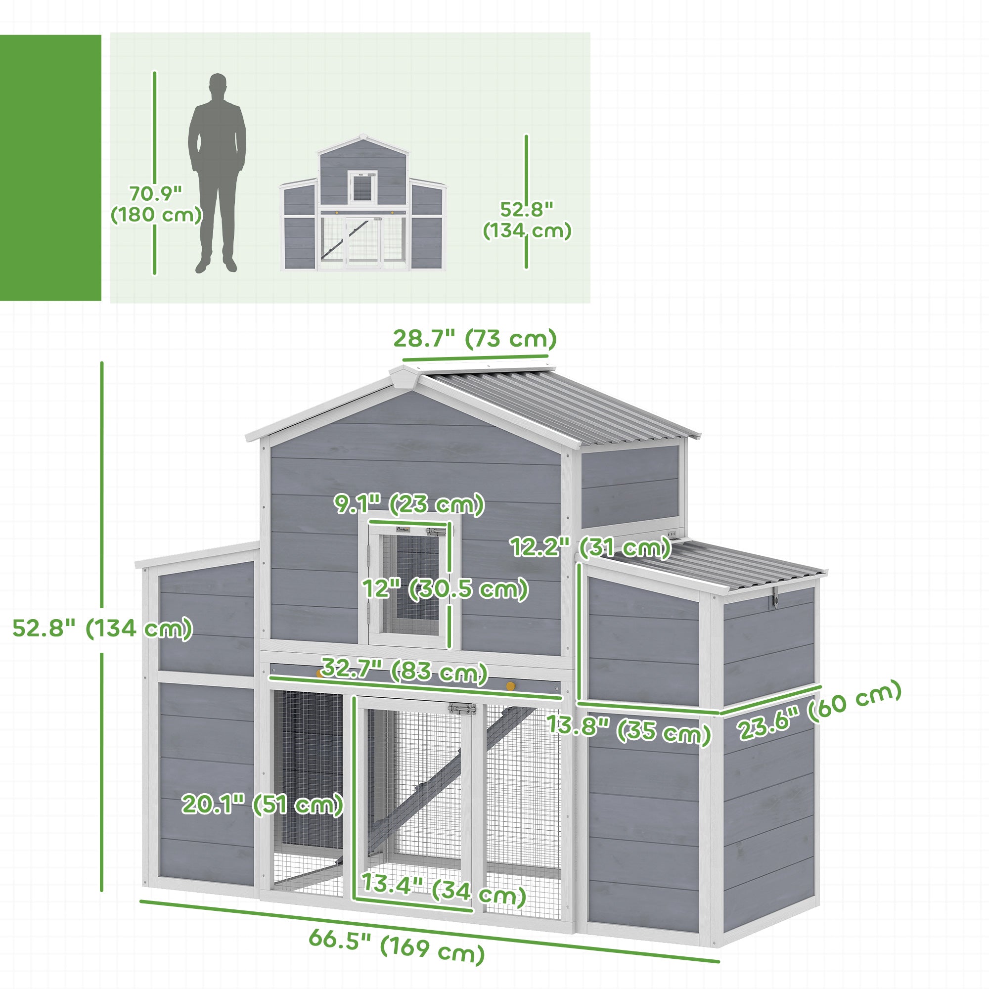 66.5" Large Chicken Coop, Wooden Chicken House with 2 Nesting Boxes, Sliding Tray & Ramp, for Outdoor Backyard Farm