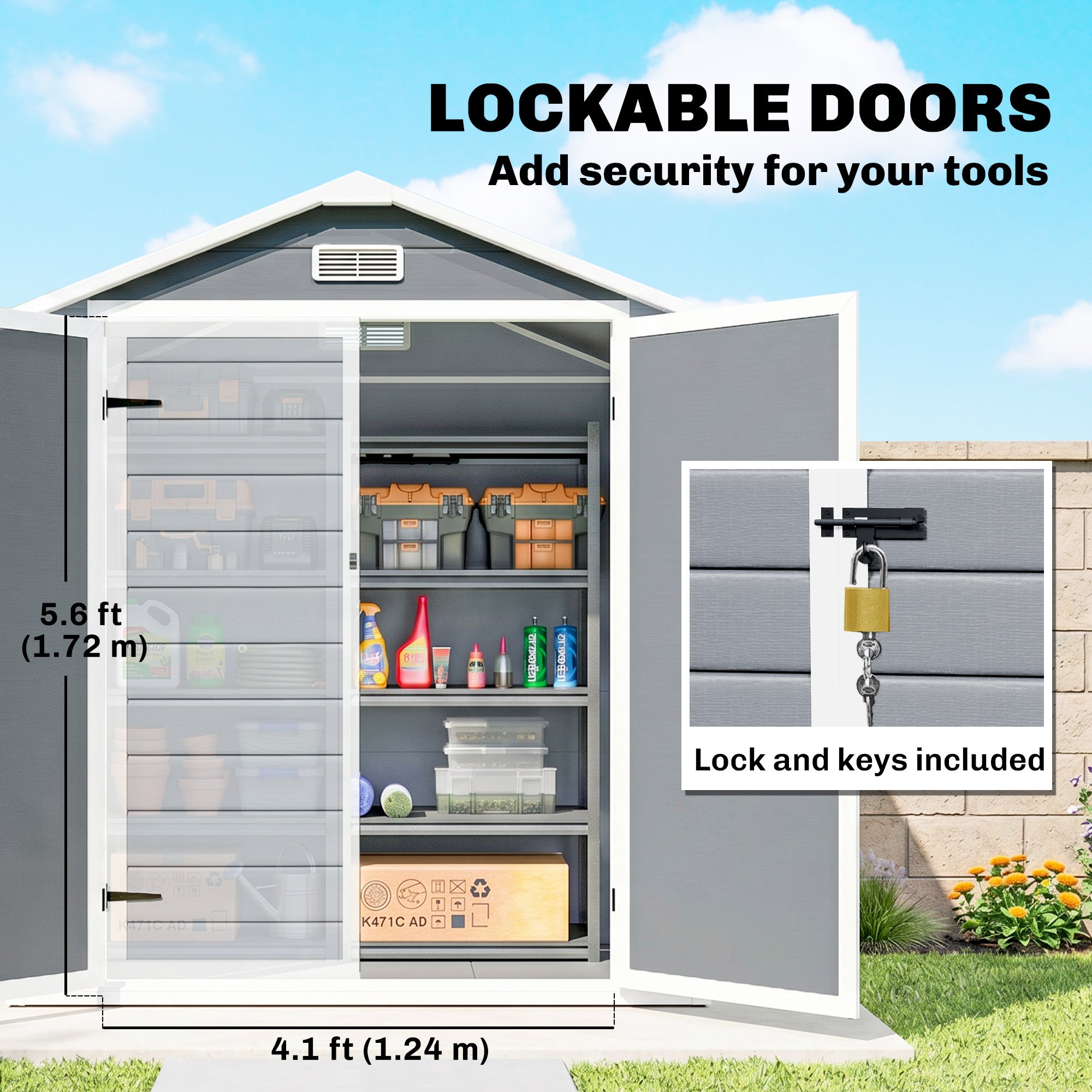 6x4.5FT Plastic Garden Storage Shed - Lockable Grey-Patio & Garden > Lawn & Garden > Sheds-DECOROLALA
