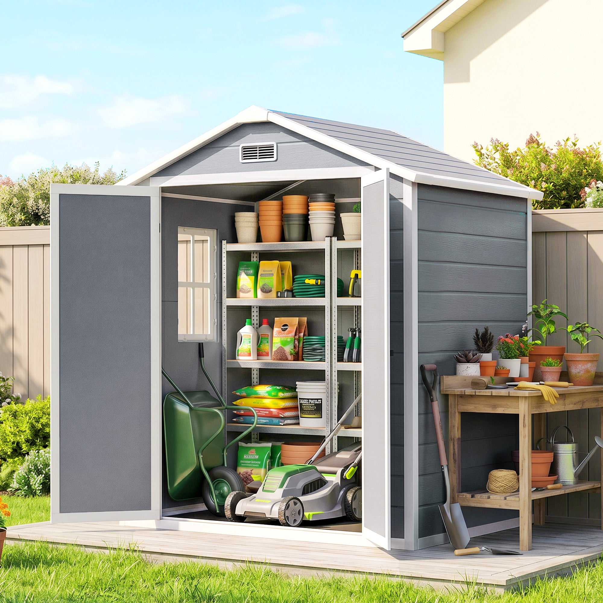 6x4.5FT Plastic Garden Storage Shed - Lockable Grey-Patio & Garden > Lawn & Garden > Sheds-DECOROLALA