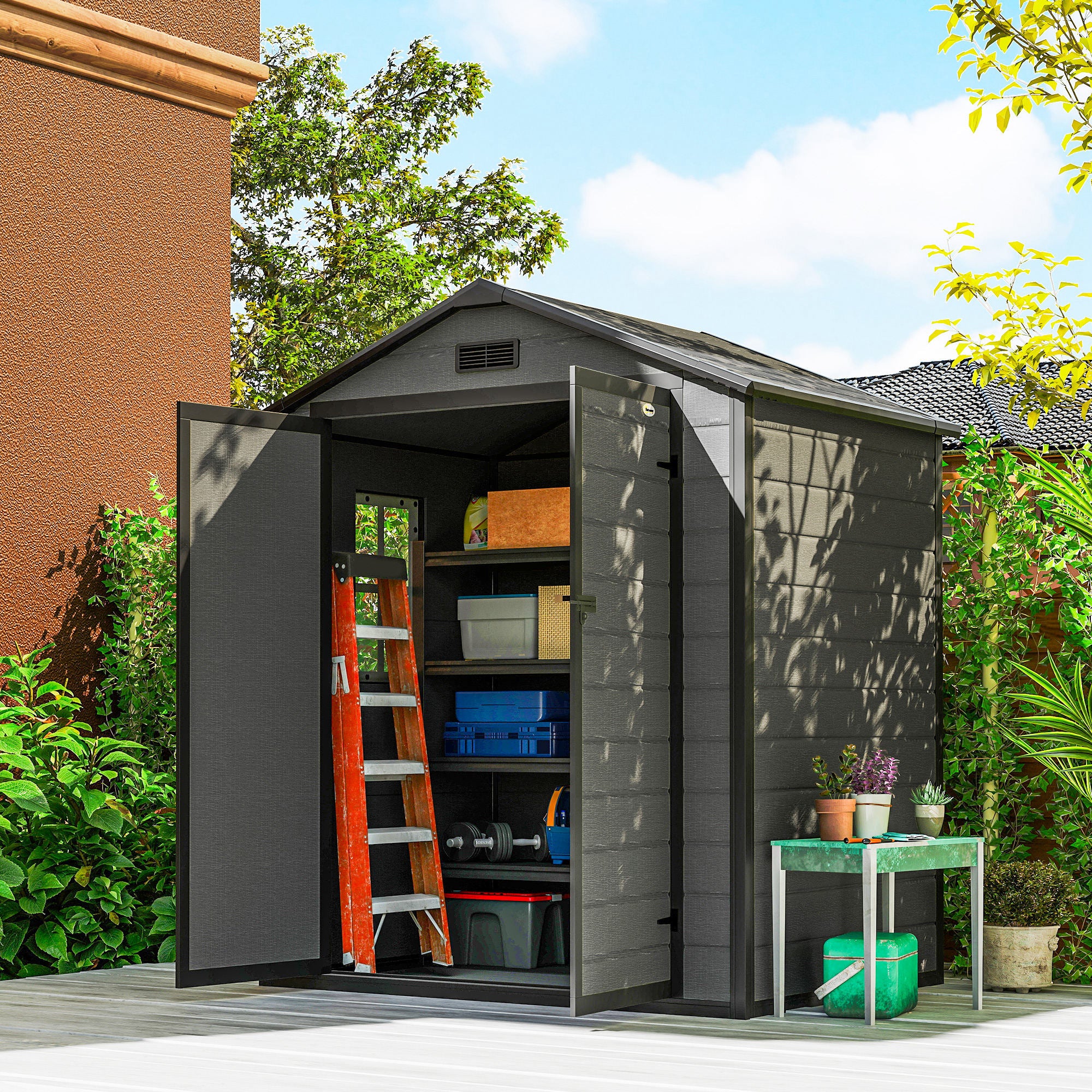 6x4.5FT Plastic Garden Storage Shed - Lockable Grey-Patio & Garden > Lawn & Garden > Sheds-DECOROLALA
