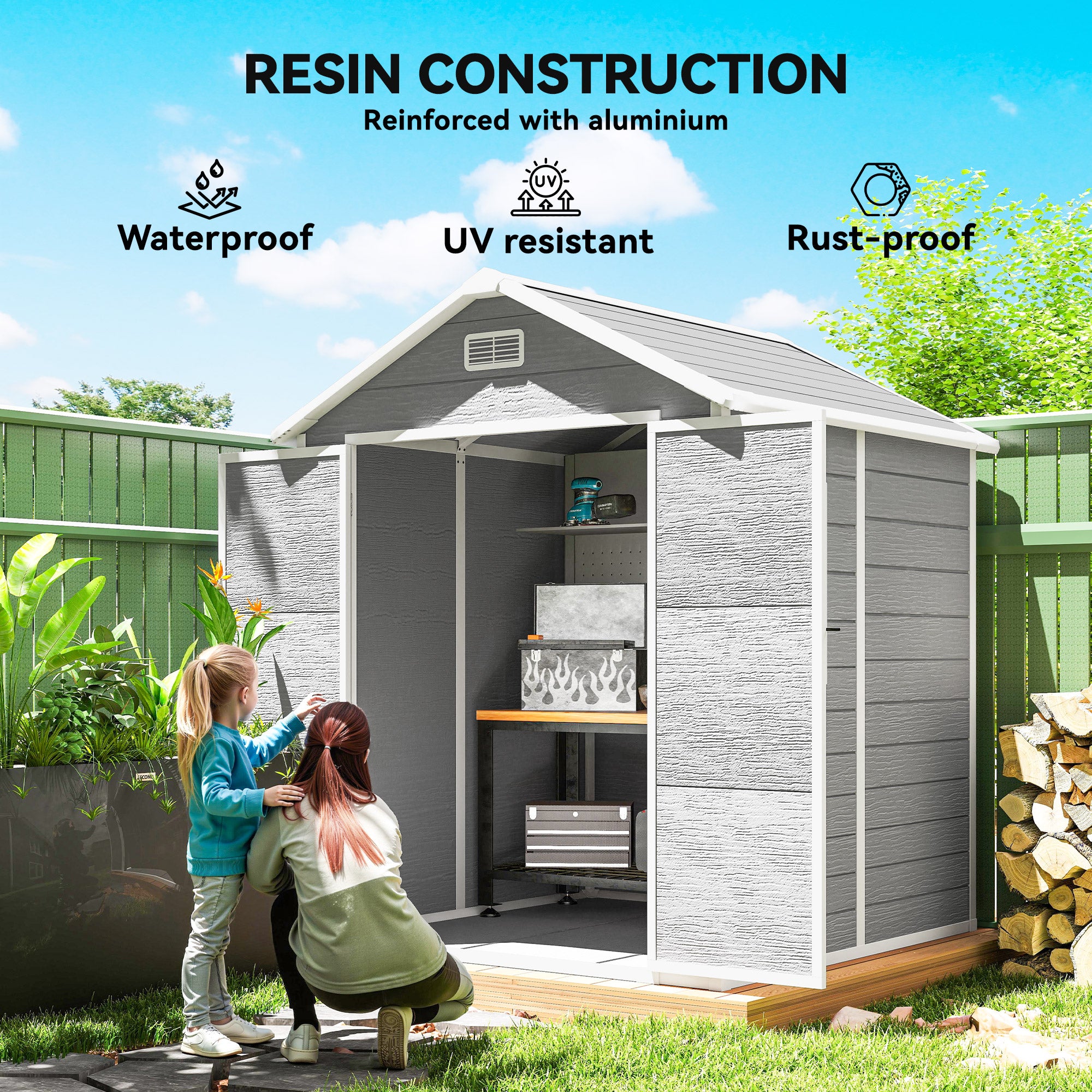 6x5 Plastic Garden Storage Shed - Wood Effect Grey-Patio & Garden > Lawn & Garden > Sheds-DECOROLALA
