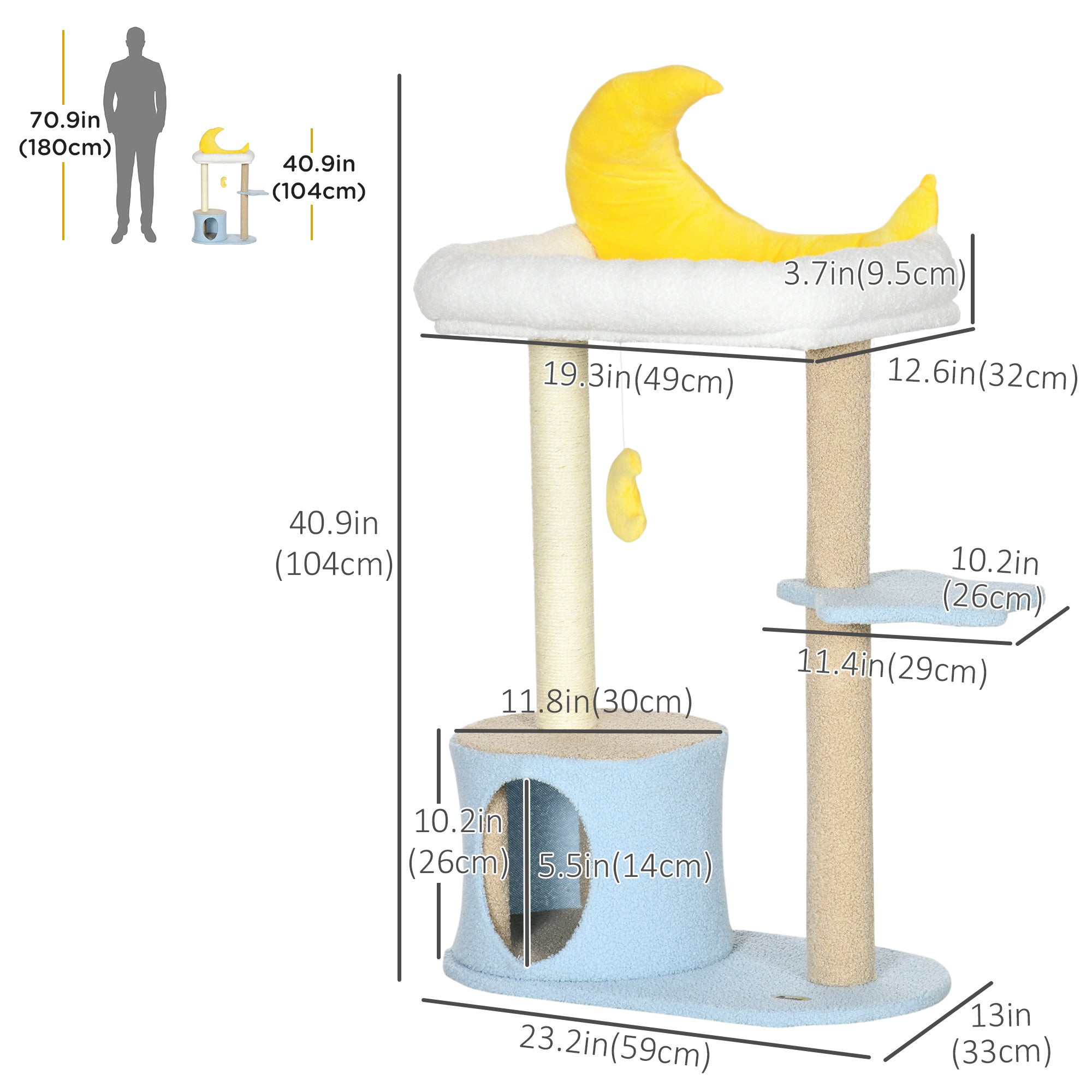 Moon Cat Tower for Indoor Cats with Teddy Fleece House Bed Scratching Post Hanging Toy Star Platform 41" Blue