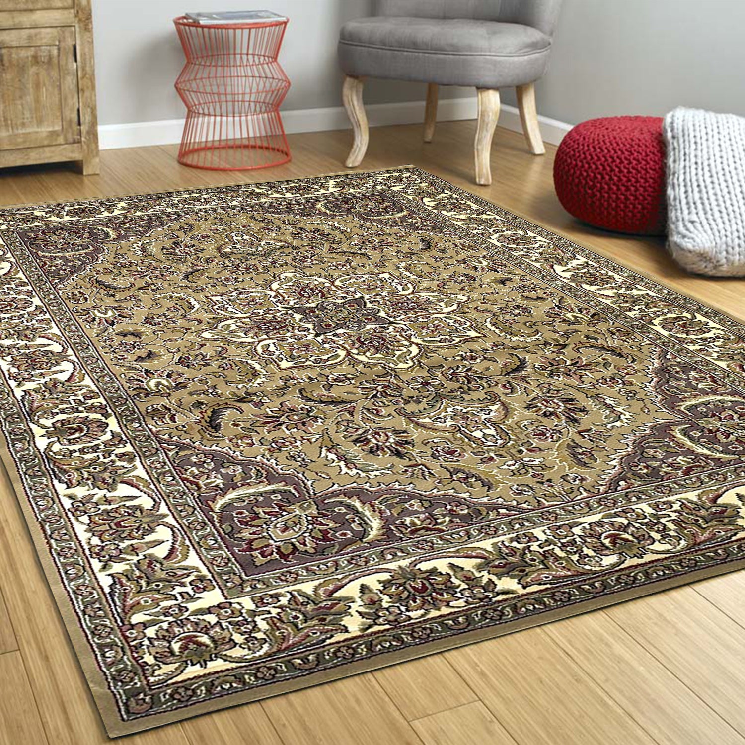 7' Beige And Ivory Floral Octagon Rug-Area Rugs-DECOROLALA