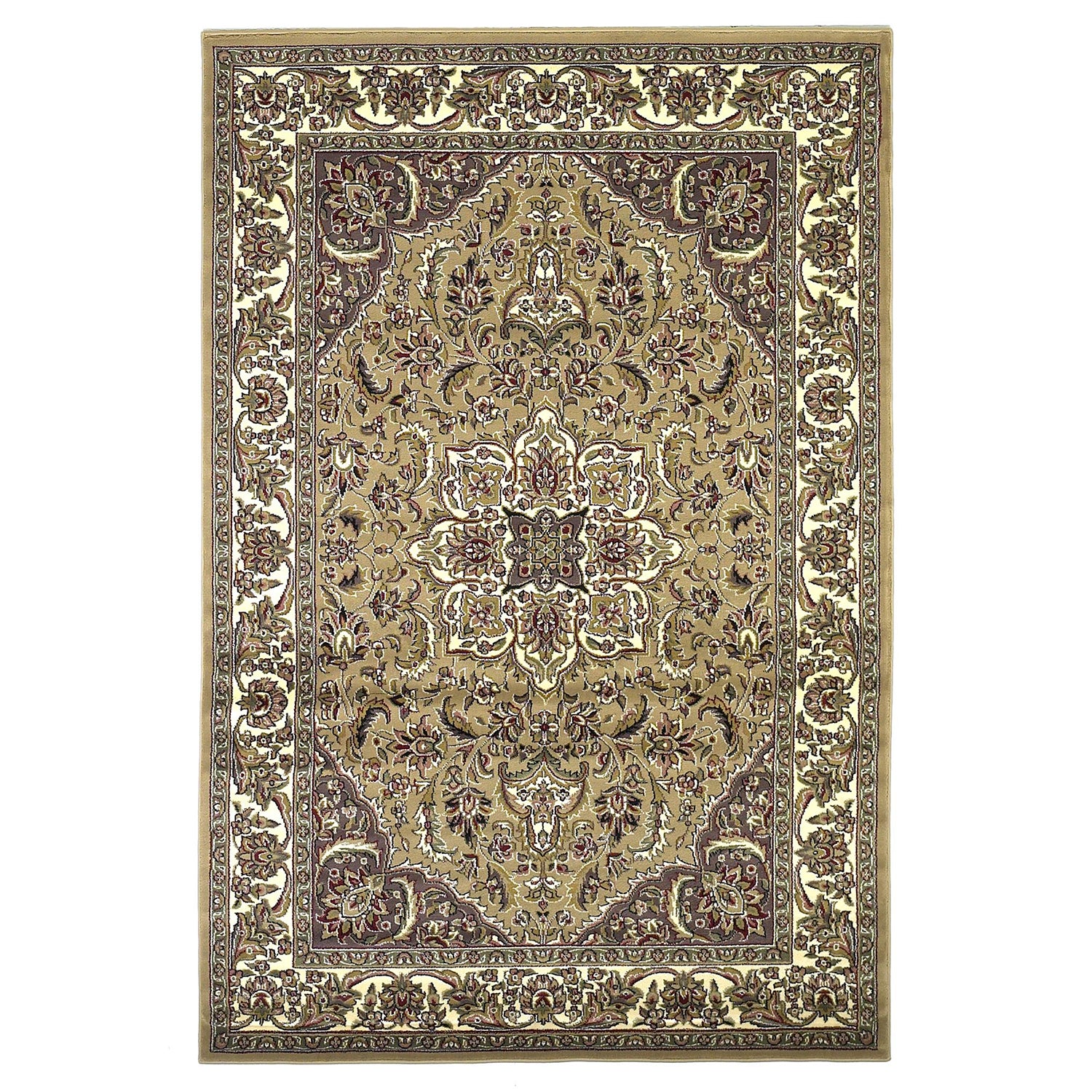 7' Beige And Ivory Floral Octagon Rug-Area Rugs-DECOROLALA