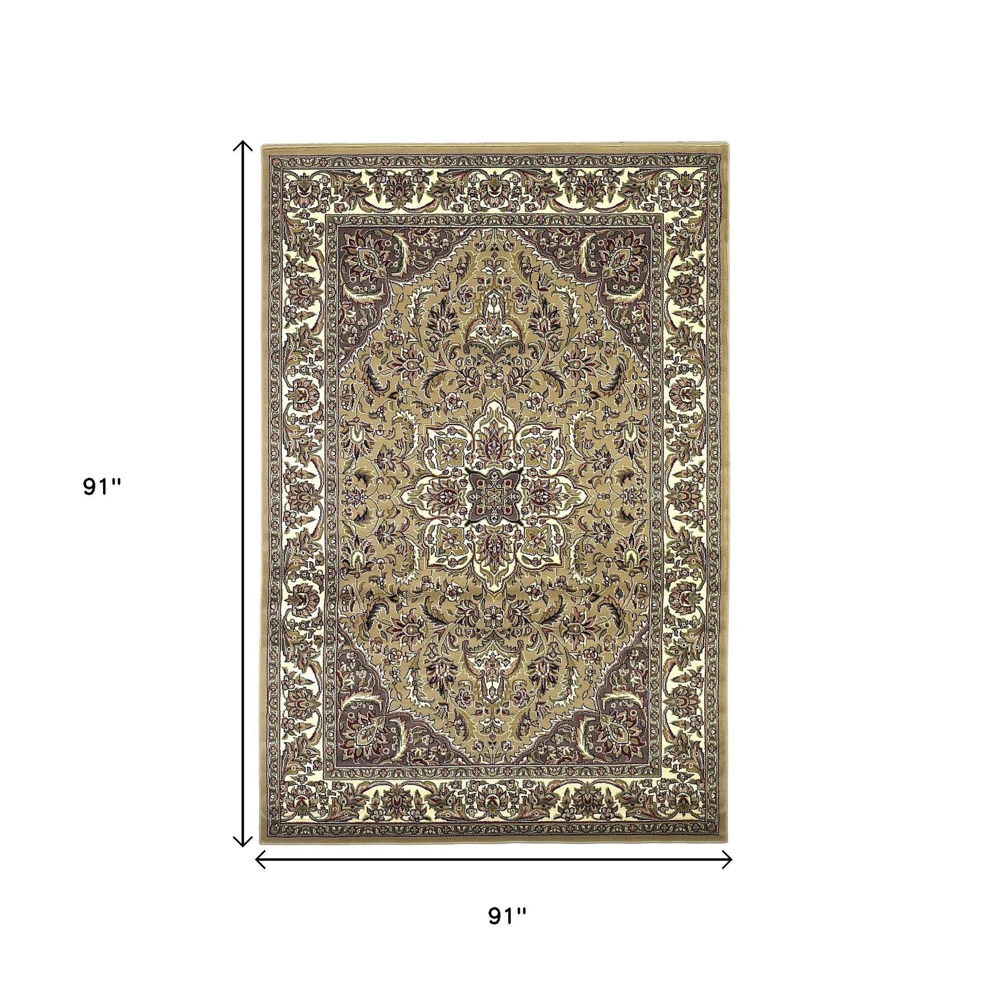 7' Beige And Ivory Floral Octagon Rug-Area Rugs-DECOROLALA