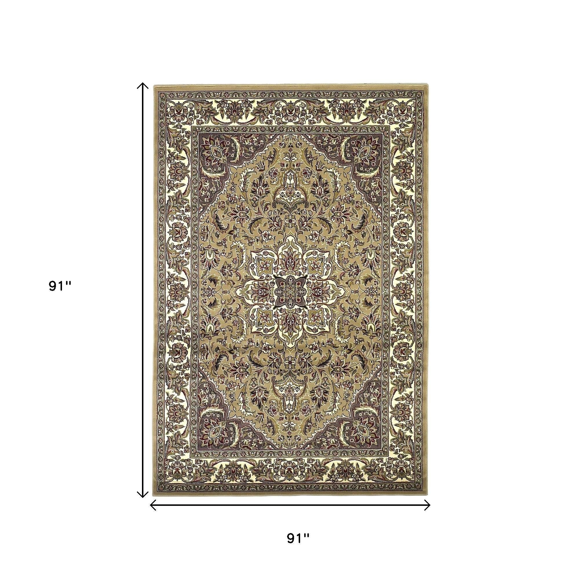 7' Beige And Ivory Floral Octagon Rug-Area Rugs-DECOROLALA