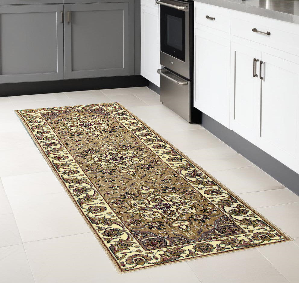 7' Beige And Ivory Floral Octagon Rug-Area Rugs-DECOROLALA