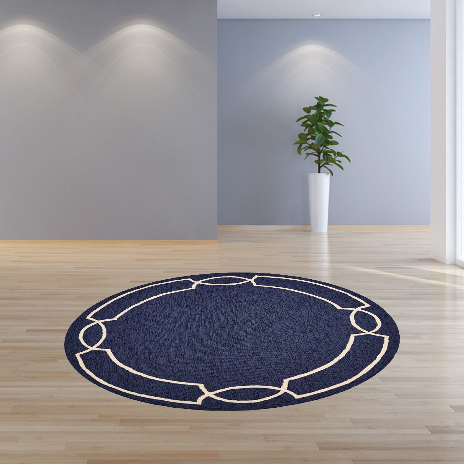 7' Blue And Ivory Round Geometric Handmade Indoor Outdoor Area Rug-Outdoor Rugs-DECOROLALA