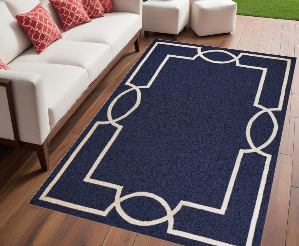 7' Blue And Ivory Round Geometric Handmade Indoor Outdoor Area Rug-Outdoor Rugs-DECOROLALA