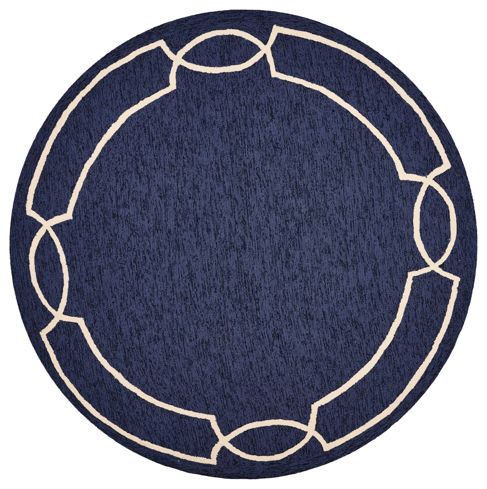 7' Blue And Ivory Round Geometric Handmade Indoor Outdoor Area Rug-Outdoor Rugs-DECOROLALA