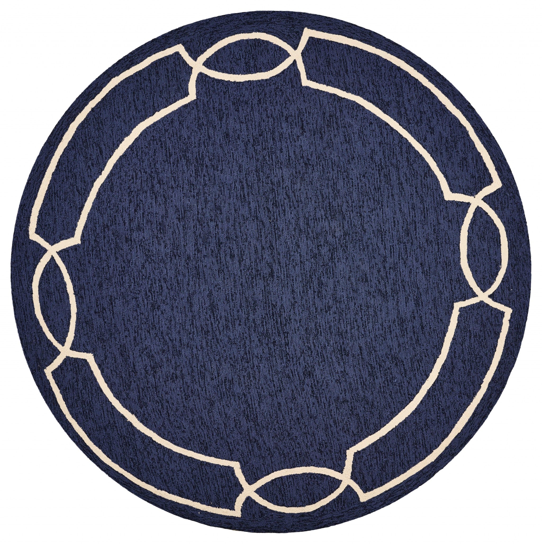7' Blue And Ivory Round Geometric Handmade Indoor Outdoor Area Rug-Outdoor Rugs-DECOROLALA