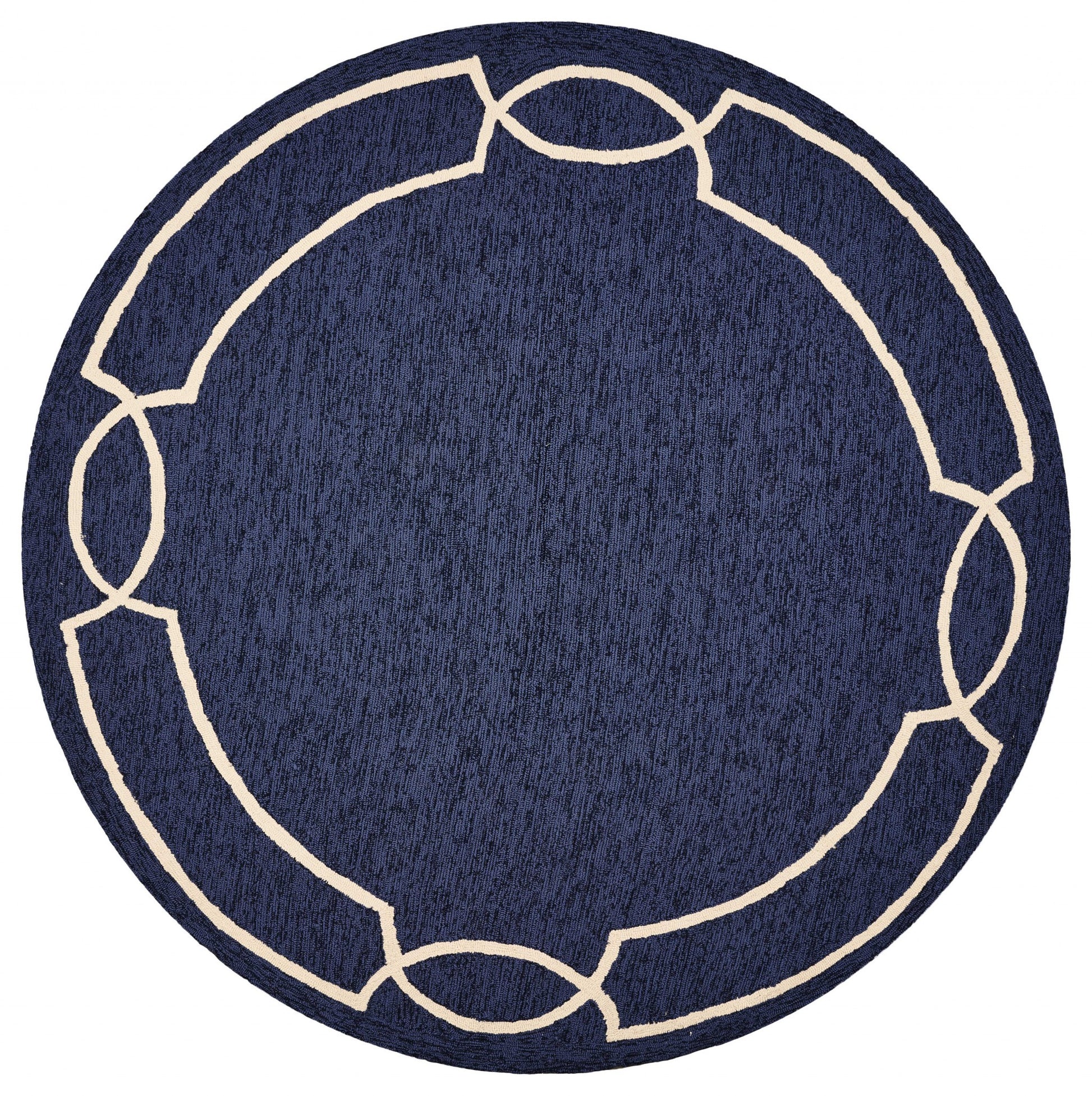 7' Blue And Ivory Round Geometric Handmade Indoor Outdoor Area Rug-Outdoor Rugs-DECOROLALA