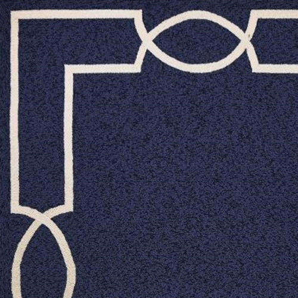 7' Blue And Ivory Round Geometric Handmade Indoor Outdoor Area Rug-Outdoor Rugs-DECOROLALA