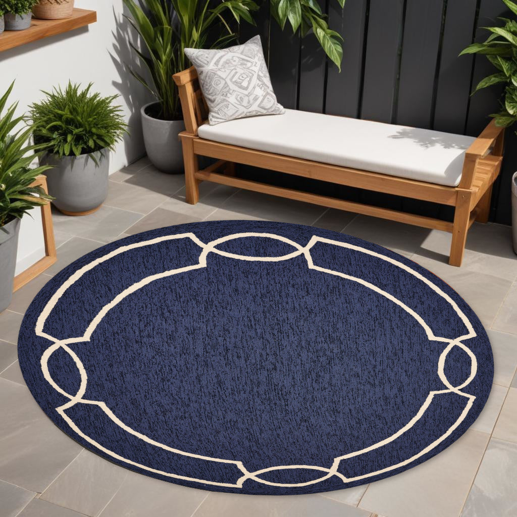 7' Blue And Ivory Round Geometric Handmade Indoor Outdoor Area Rug-Outdoor Rugs-DECOROLALA