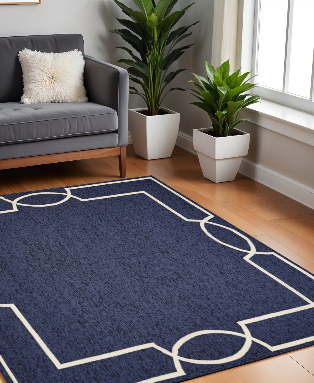 7' Blue And Ivory Square Geometric Handmade Indoor Outdoor Area Rug-Outdoor Rugs-DECOROLALA