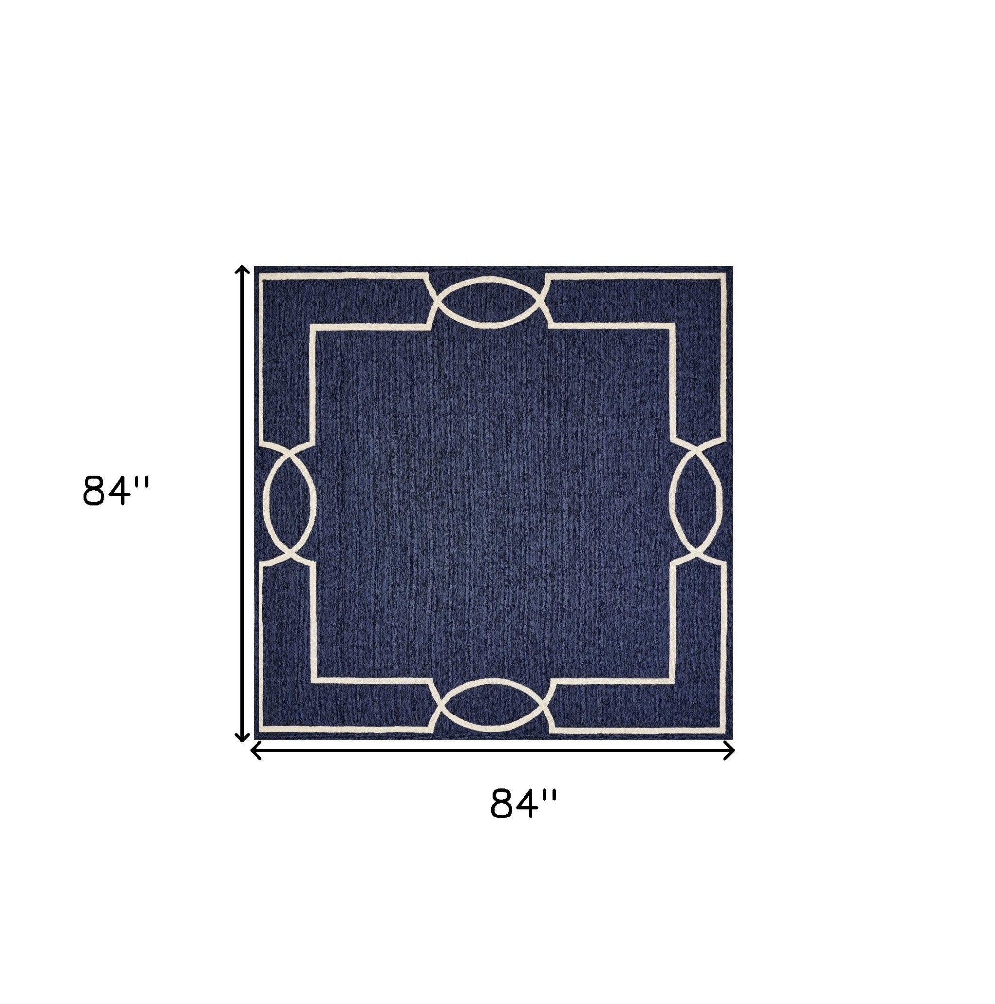 7' Blue And Ivory Square Geometric Handmade Indoor Outdoor Area Rug-Outdoor Rugs-DECOROLALA