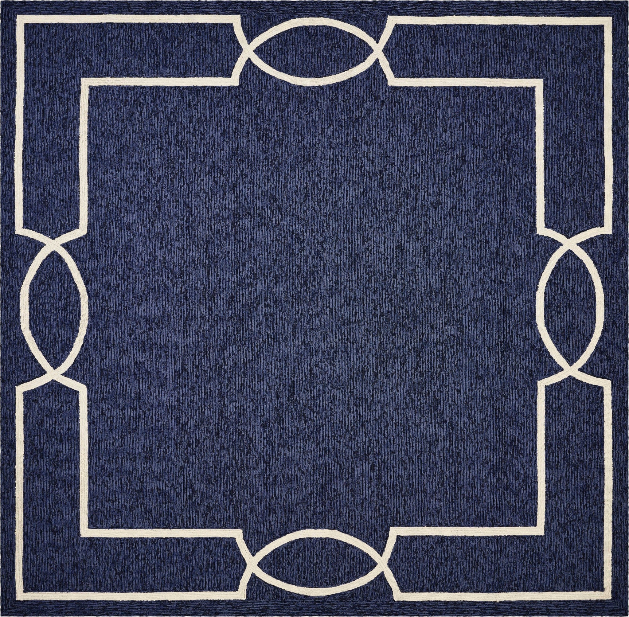 7' Blue And Ivory Square Geometric Handmade Indoor Outdoor Area Rug-Outdoor Rugs-DECOROLALA