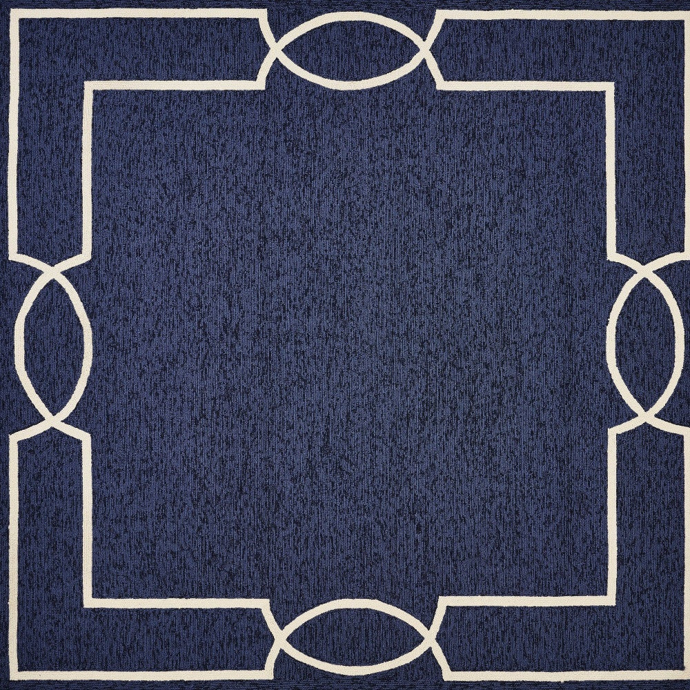 7' Blue And Ivory Square Geometric Handmade Indoor Outdoor Area Rug-Outdoor Rugs-DECOROLALA