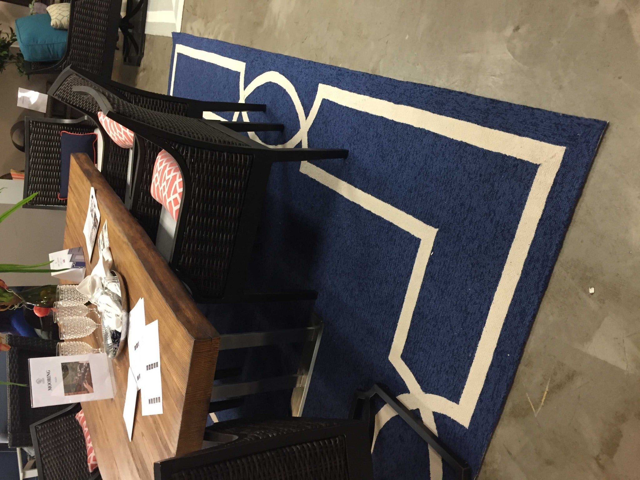 7' Blue And Ivory Square Geometric Handmade Indoor Outdoor Area Rug-Outdoor Rugs-DECOROLALA