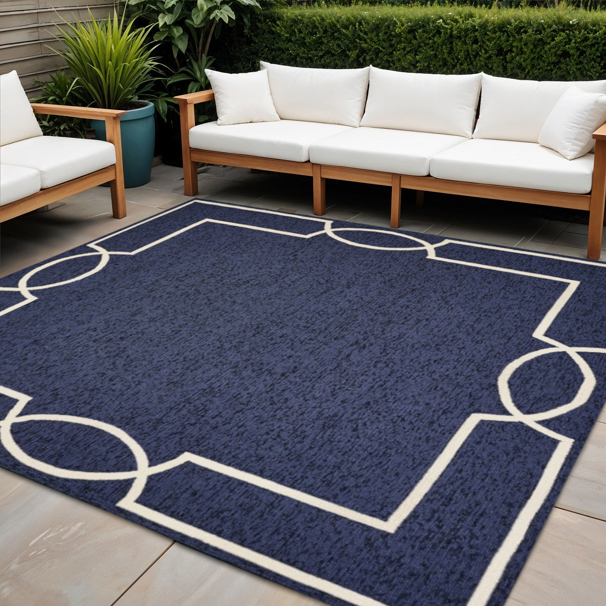 7' Blue And Ivory Square Geometric Handmade Indoor Outdoor Area Rug-Outdoor Rugs-DECOROLALA