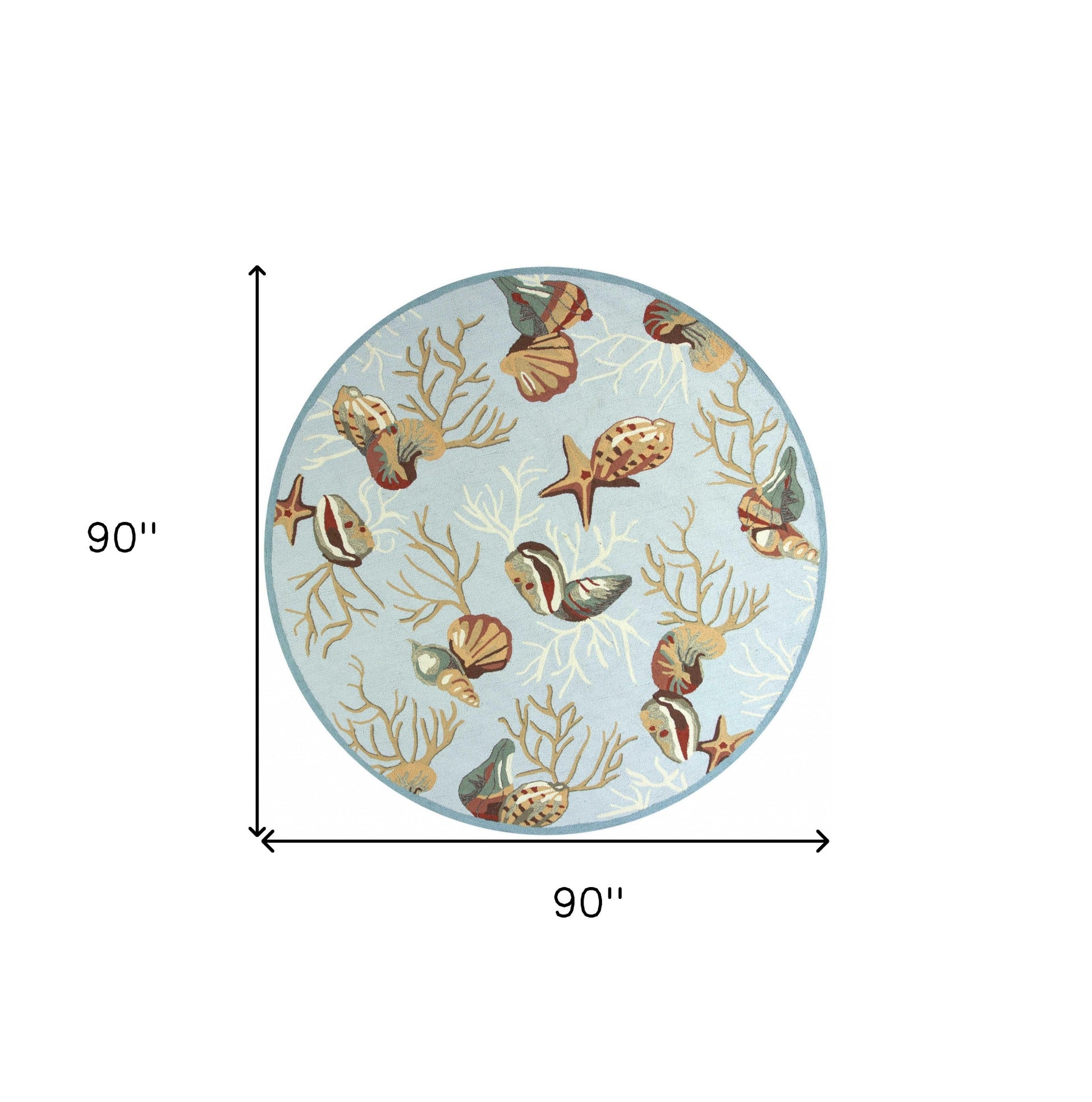 7' Blue Beige And Green Seashell and Coral Hand Hooked Round Rug-Area Rugs-DECOROLALA