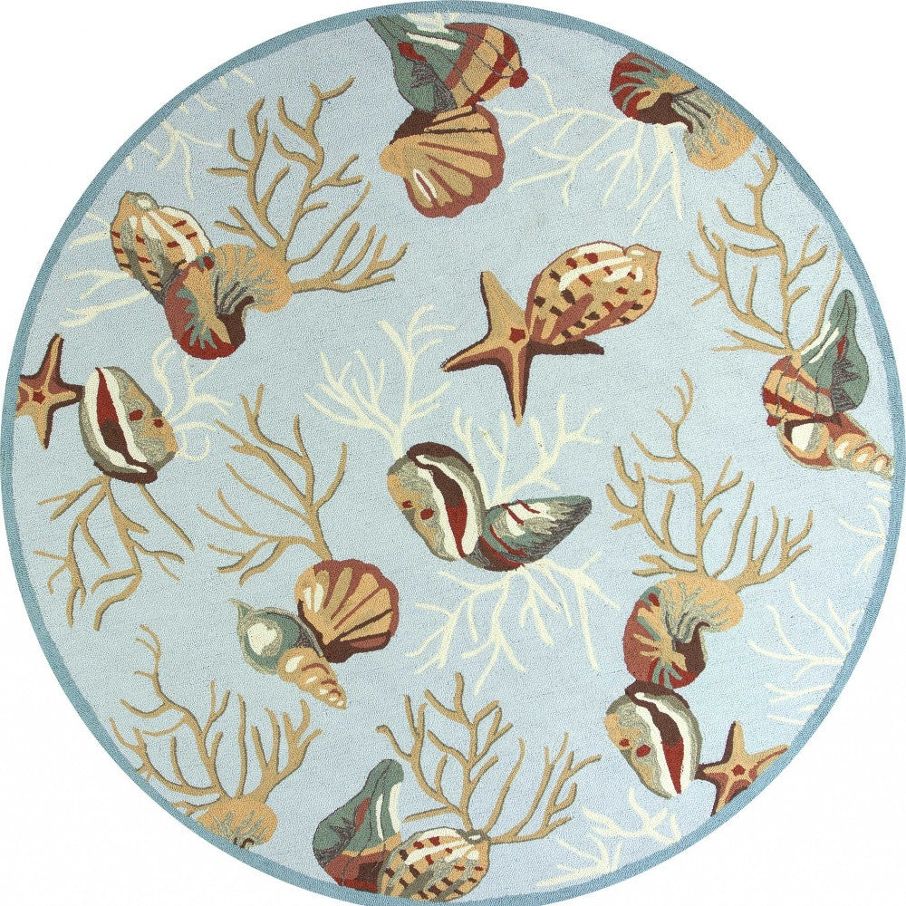 7' Blue Beige And Green Seashell and Coral Hand Hooked Round Rug-Area Rugs-DECOROLALA