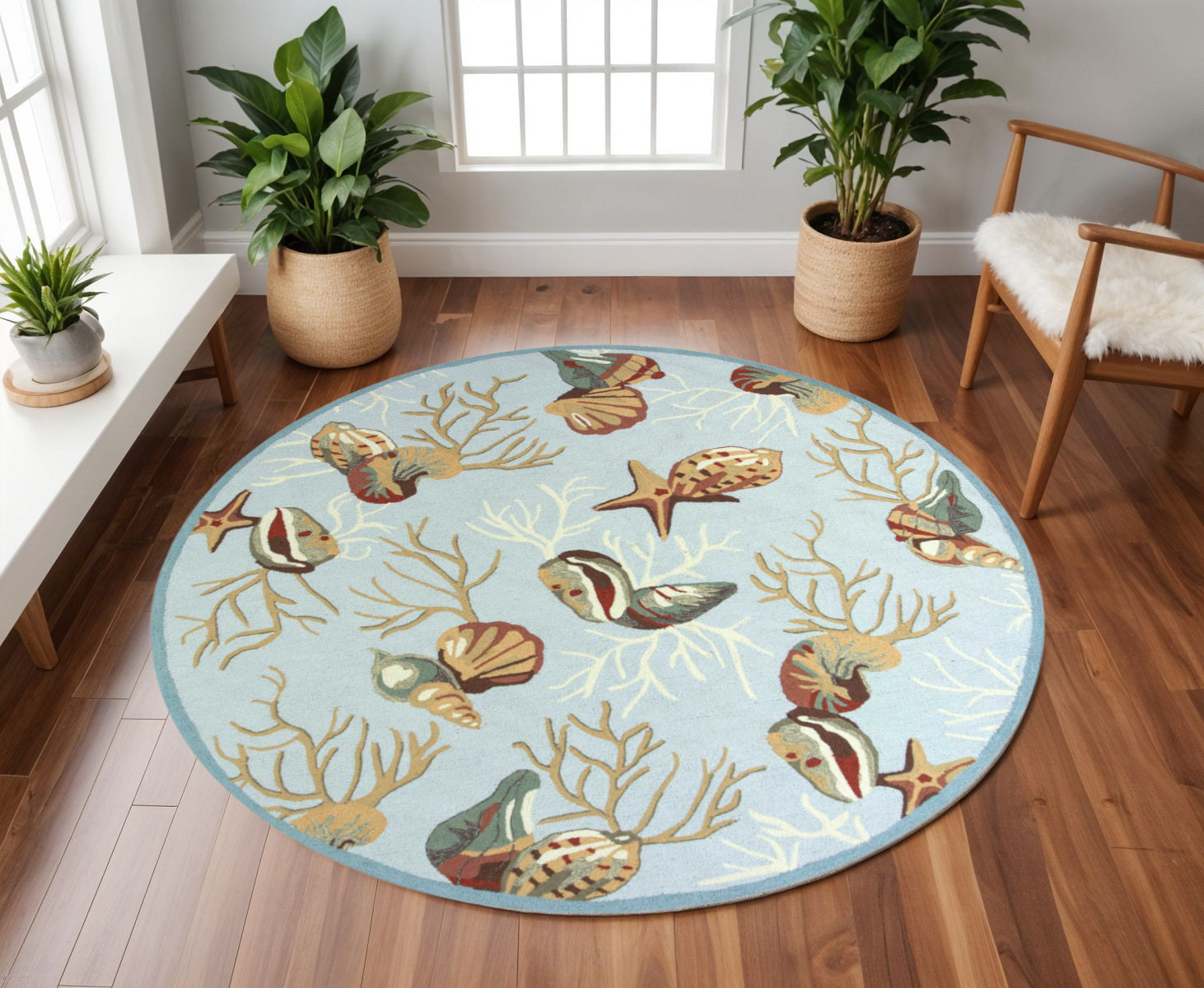 7' Blue Beige And Green Seashell and Coral Hand Hooked Round Rug-Area Rugs-DECOROLALA