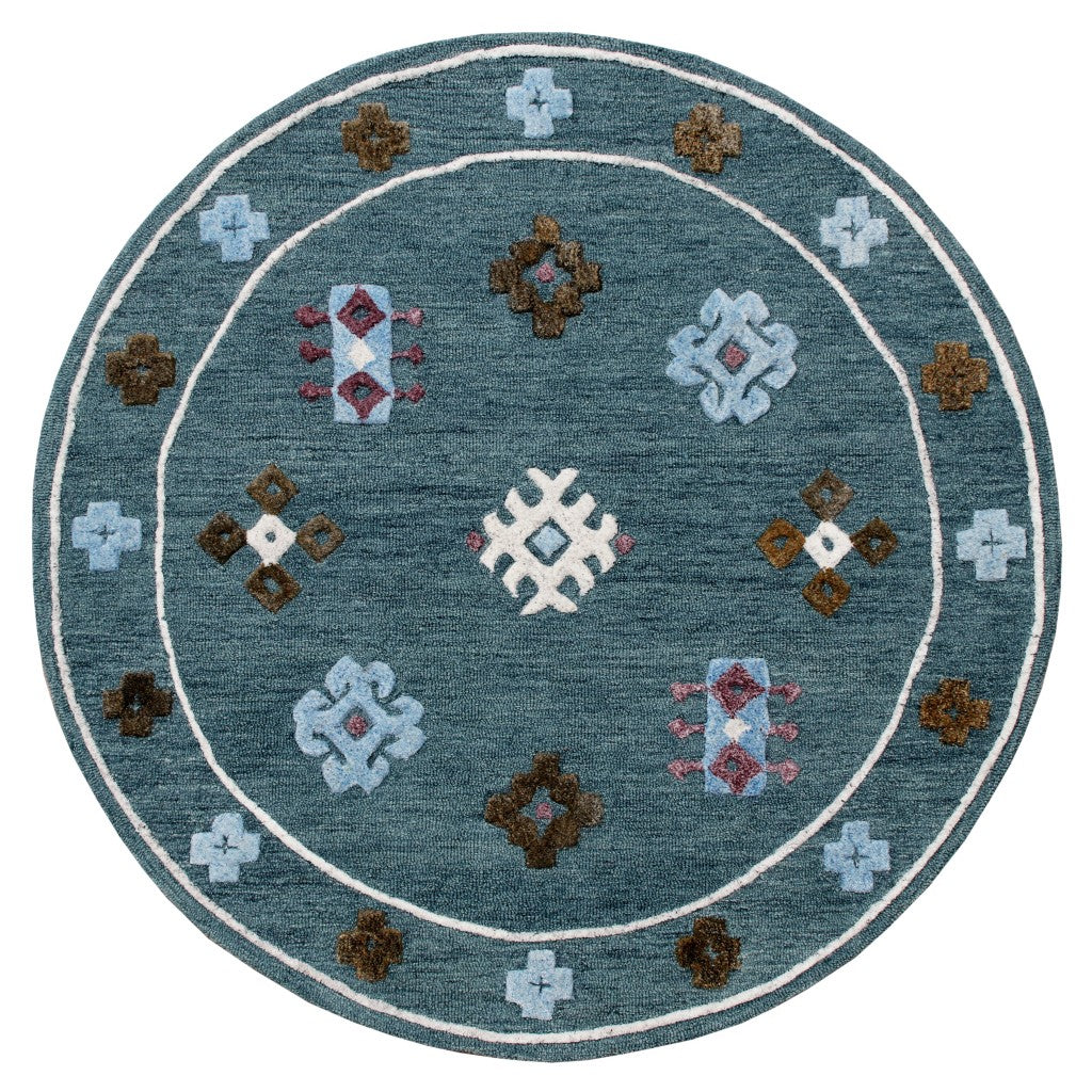 7' Blue Round Wool Hand Hooked Handmade Area Rug-Area Rugs-DECOROLALA