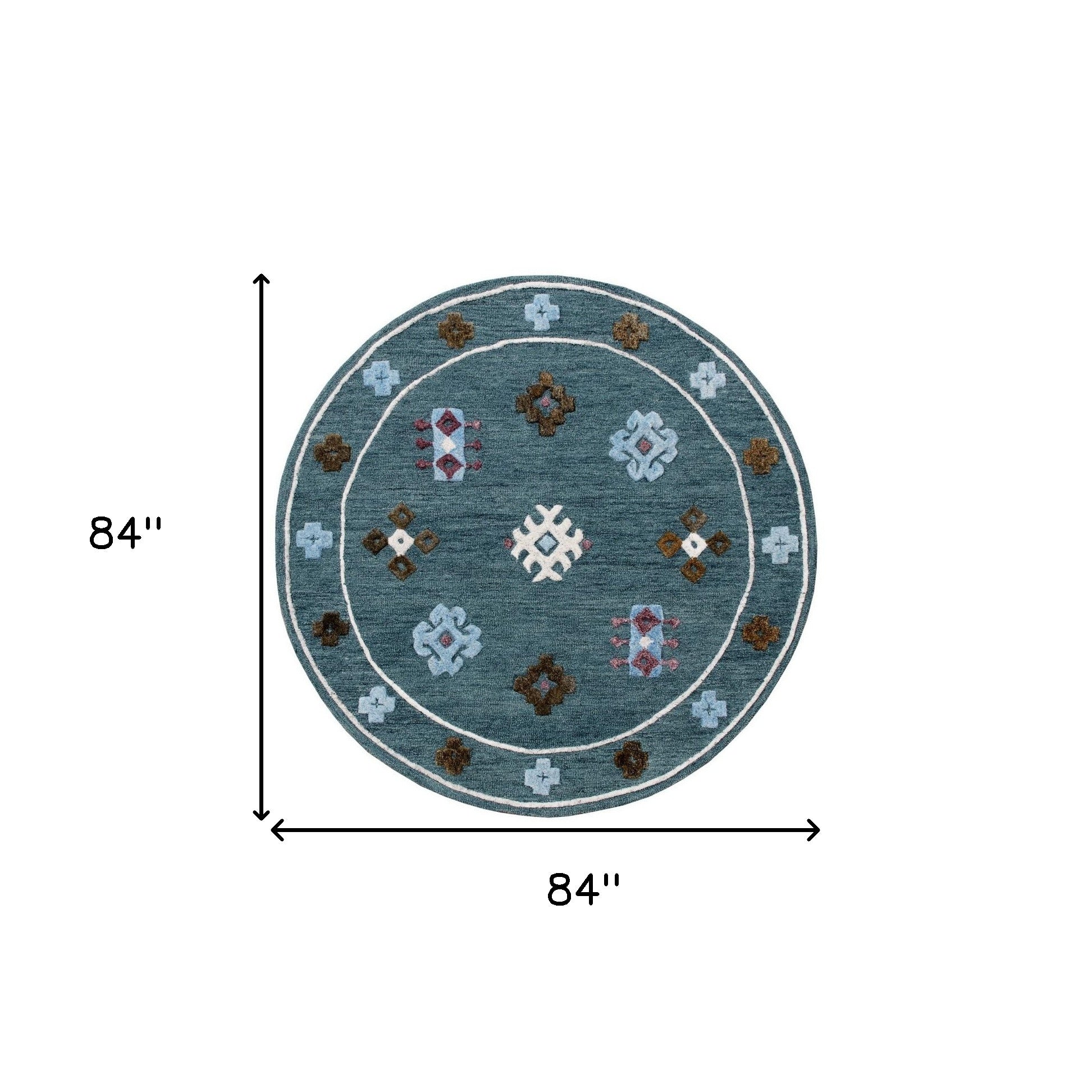 7' Blue Round Wool Hand Hooked Handmade Area Rug-Area Rugs-DECOROLALA