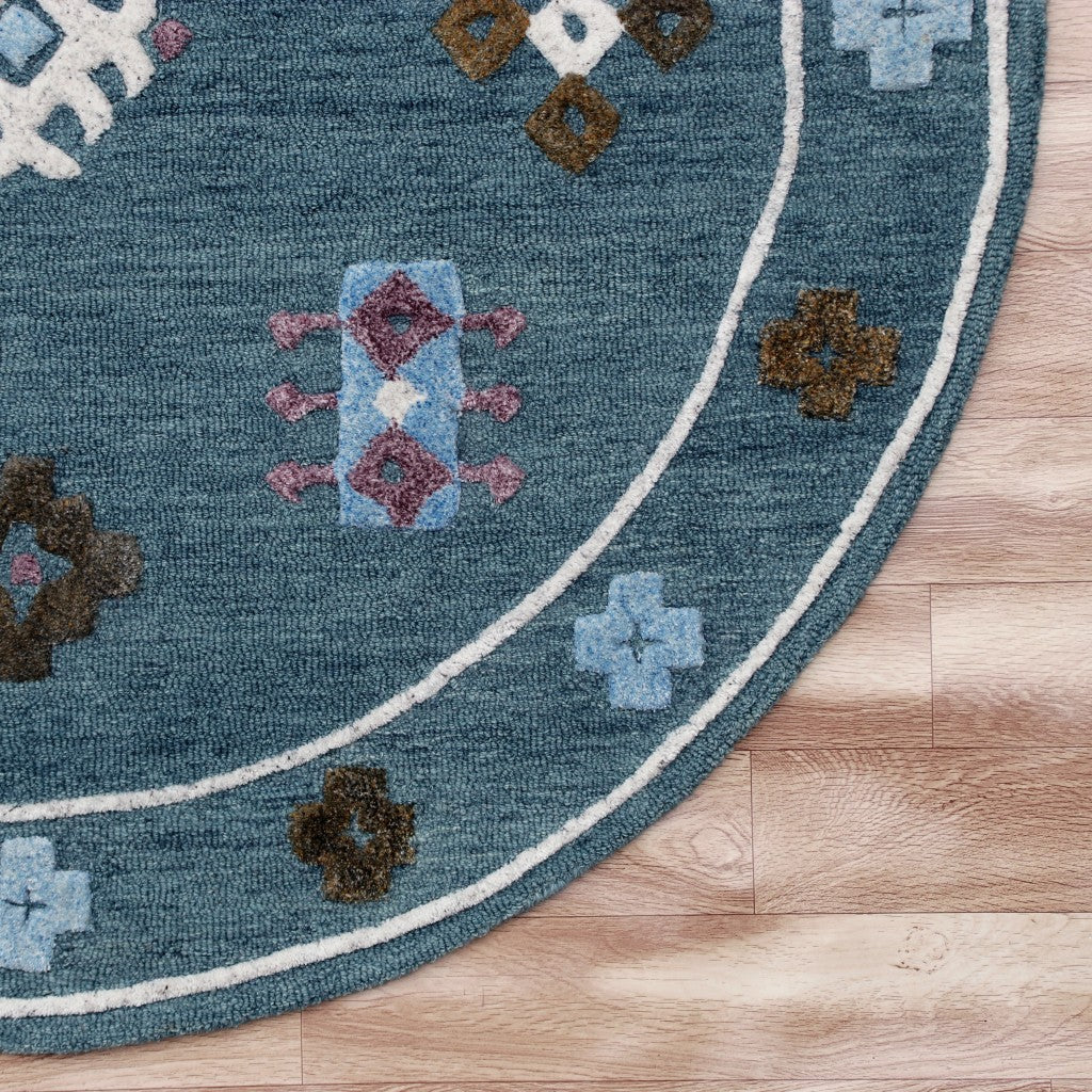 7' Blue Round Wool Hand Hooked Handmade Area Rug-Area Rugs-DECOROLALA