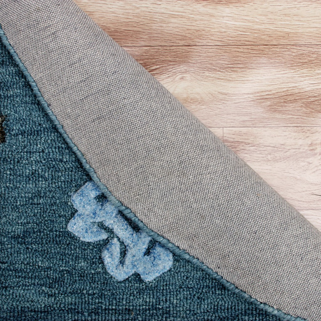 7' Blue Round Wool Hand Hooked Handmade Area Rug-Area Rugs-DECOROLALA