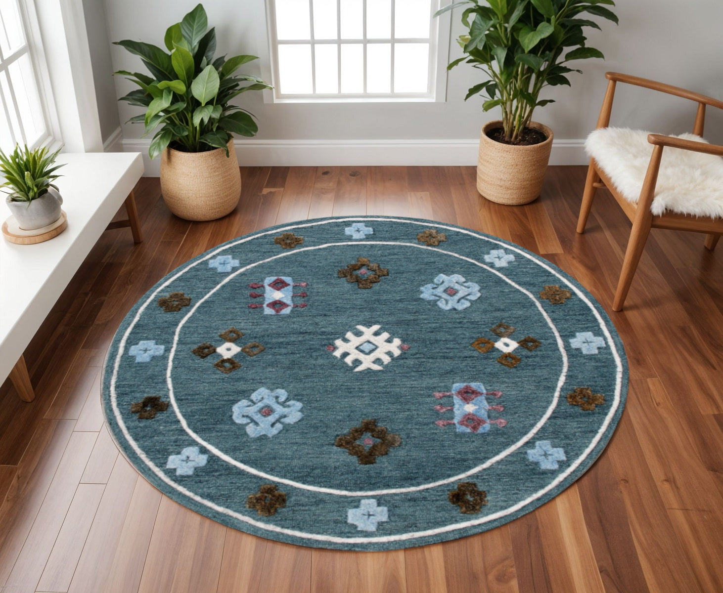 7' Blue Round Wool Hand Hooked Handmade Area Rug-Area Rugs-DECOROLALA