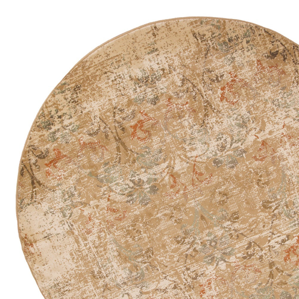 7' Champagne And Beige Damask Round Rug-Area Rugs-DECOROLALA