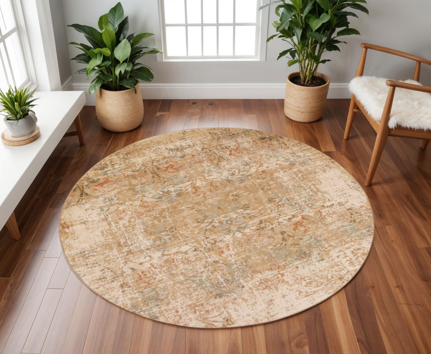 7' Champagne And Beige Damask Round Rug-Area Rugs-DECOROLALA