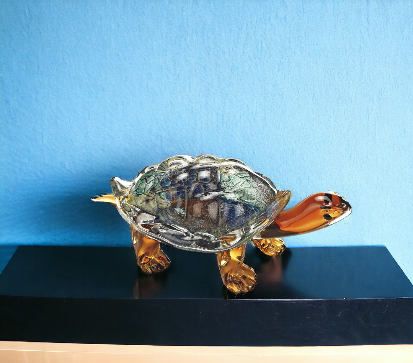 7" Clear Brown and Green Murano Glass Turtle Figurine Tabletop Sculpture-Sculptures-DECOROLALA