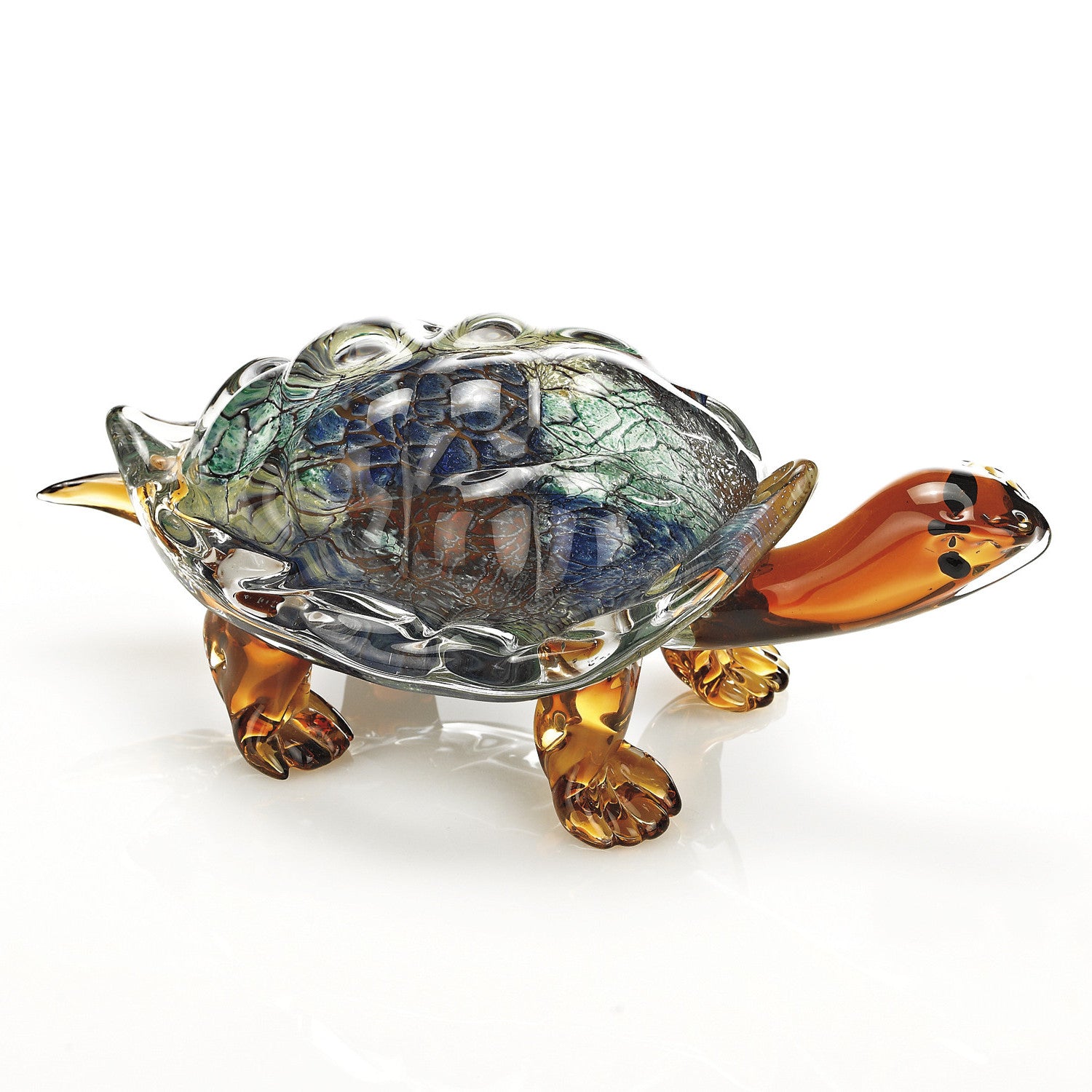 7" Clear Brown and Green Murano Glass Turtle Figurine Tabletop Sculpture-Sculptures-DECOROLALA