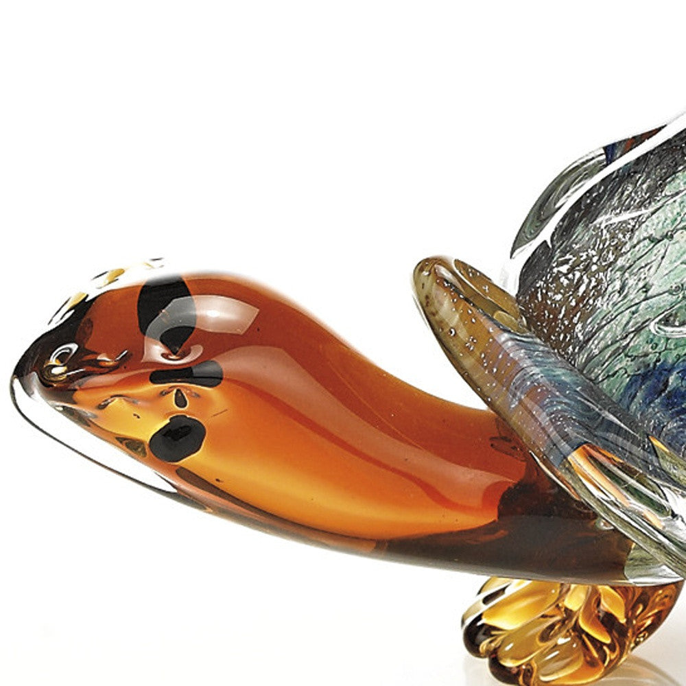 7" Clear Brown and Green Murano Glass Turtle Figurine Tabletop Sculpture-Sculptures-DECOROLALA