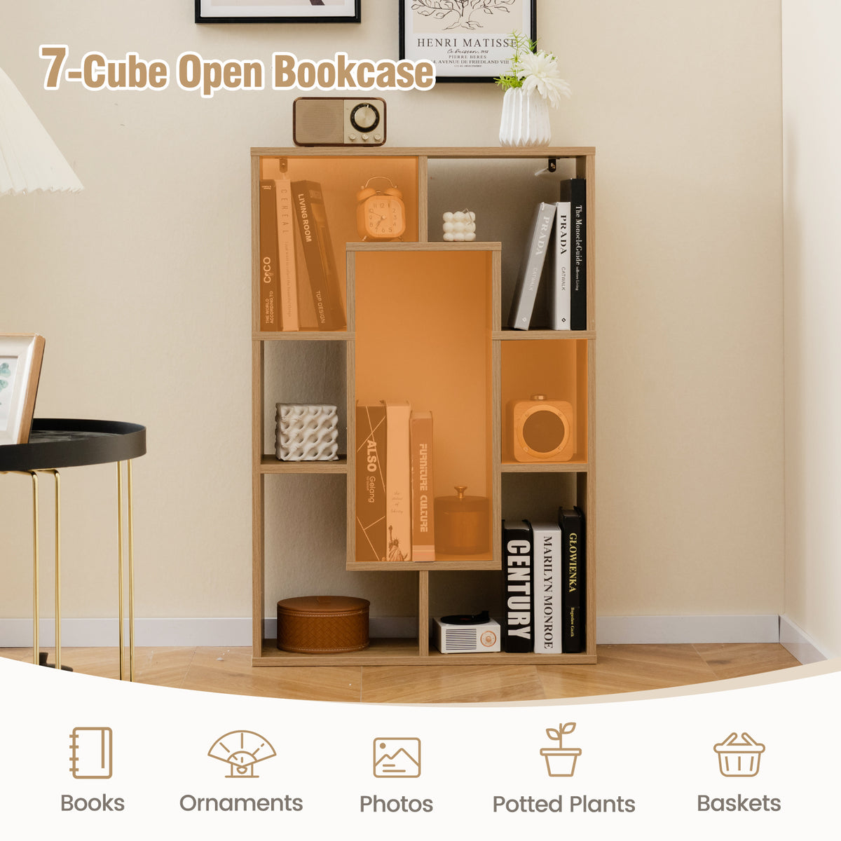 7-Cube Geometric Bookshelf Modern Decorative Open Bookcase-Natural-Bookcases-DECOROLALA